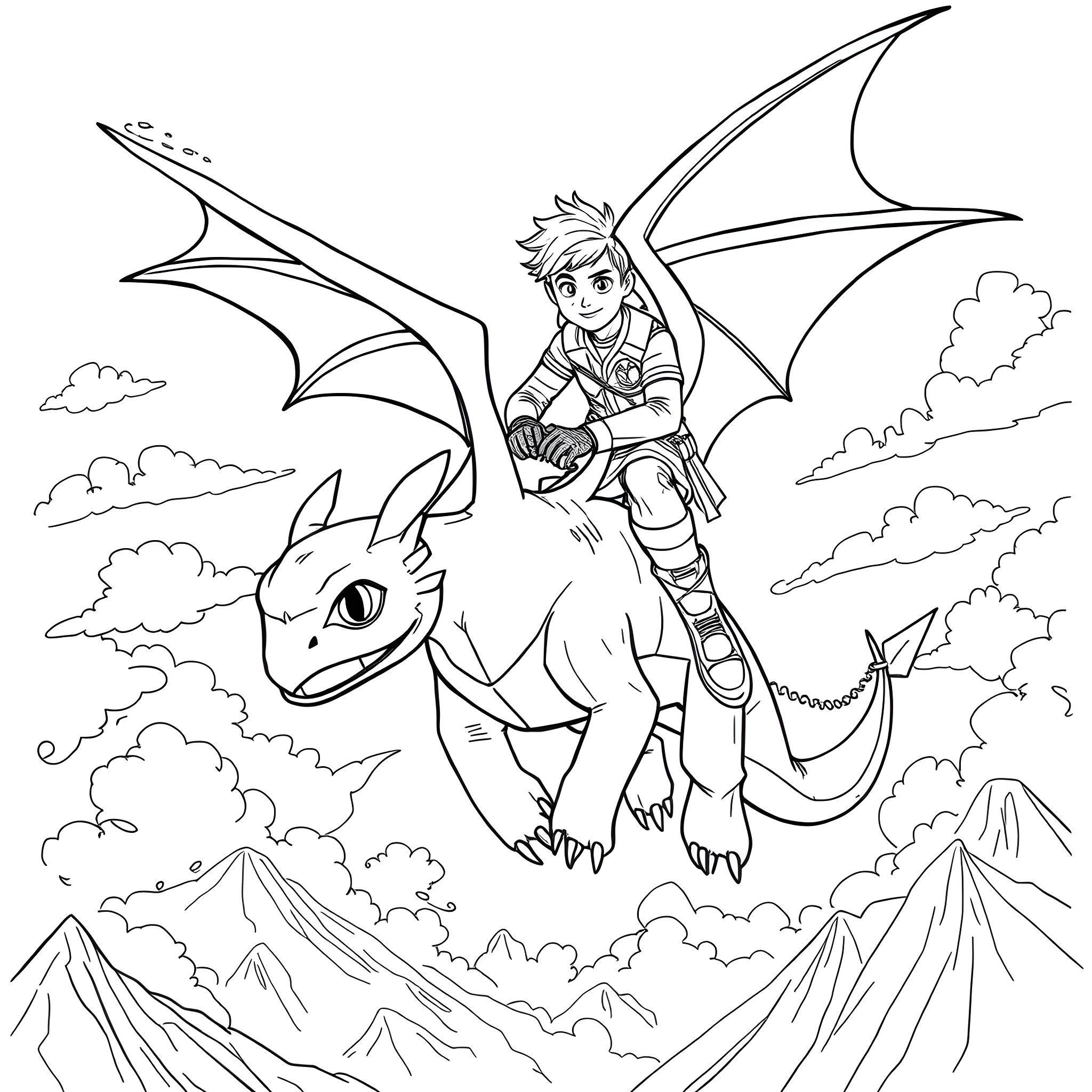 Bucky Barnes riding a dragon in the sky Coloring Page (free black-and-white line drawing printable PDF for all, from beginners to advanced learners, including children, teens, adults, and seniors)