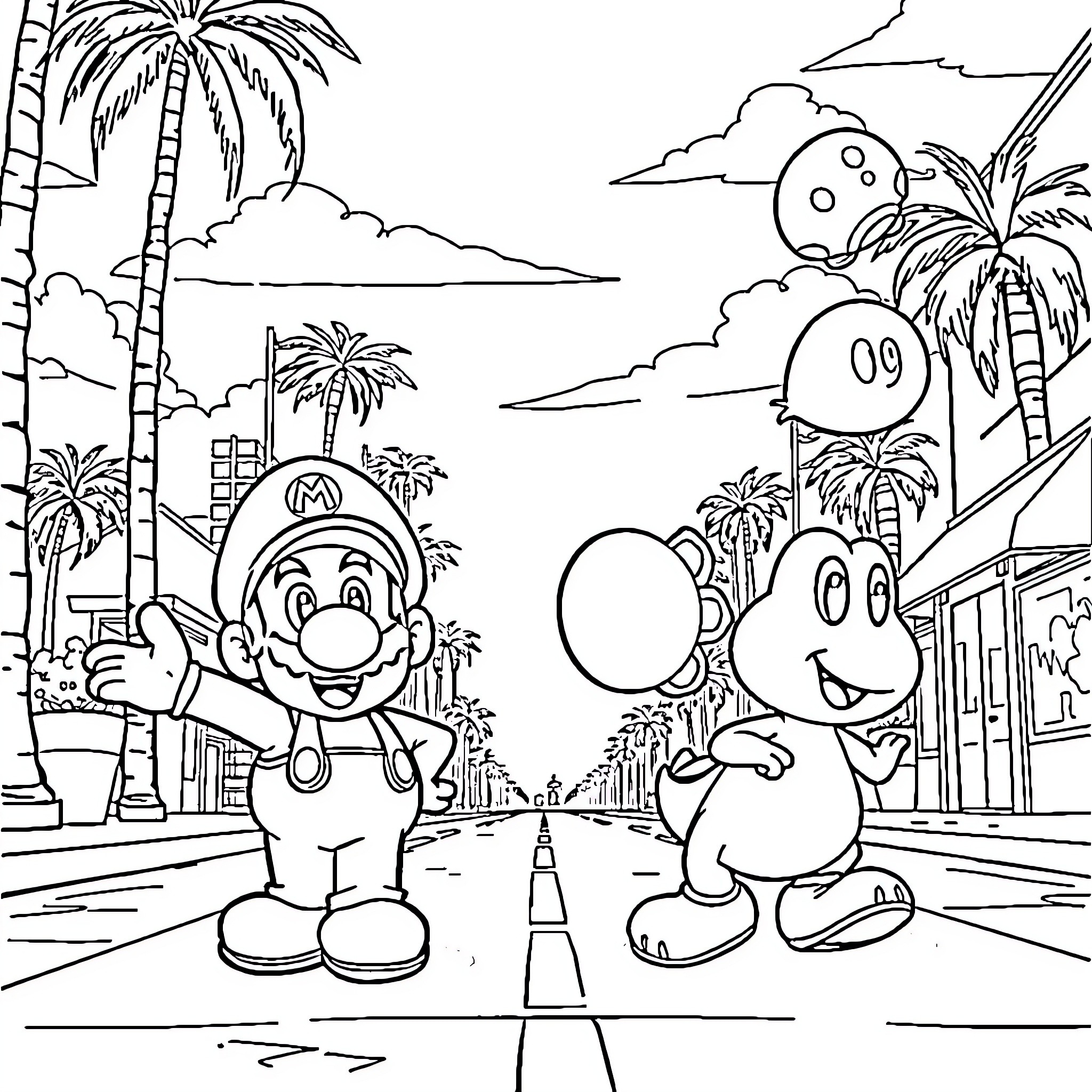 Toad characters exploring tropical landscape Coloring Page (free black-and-white line drawing printable PDF for all, from beginners to advanced learners, including children, teens, adults, and seniors)