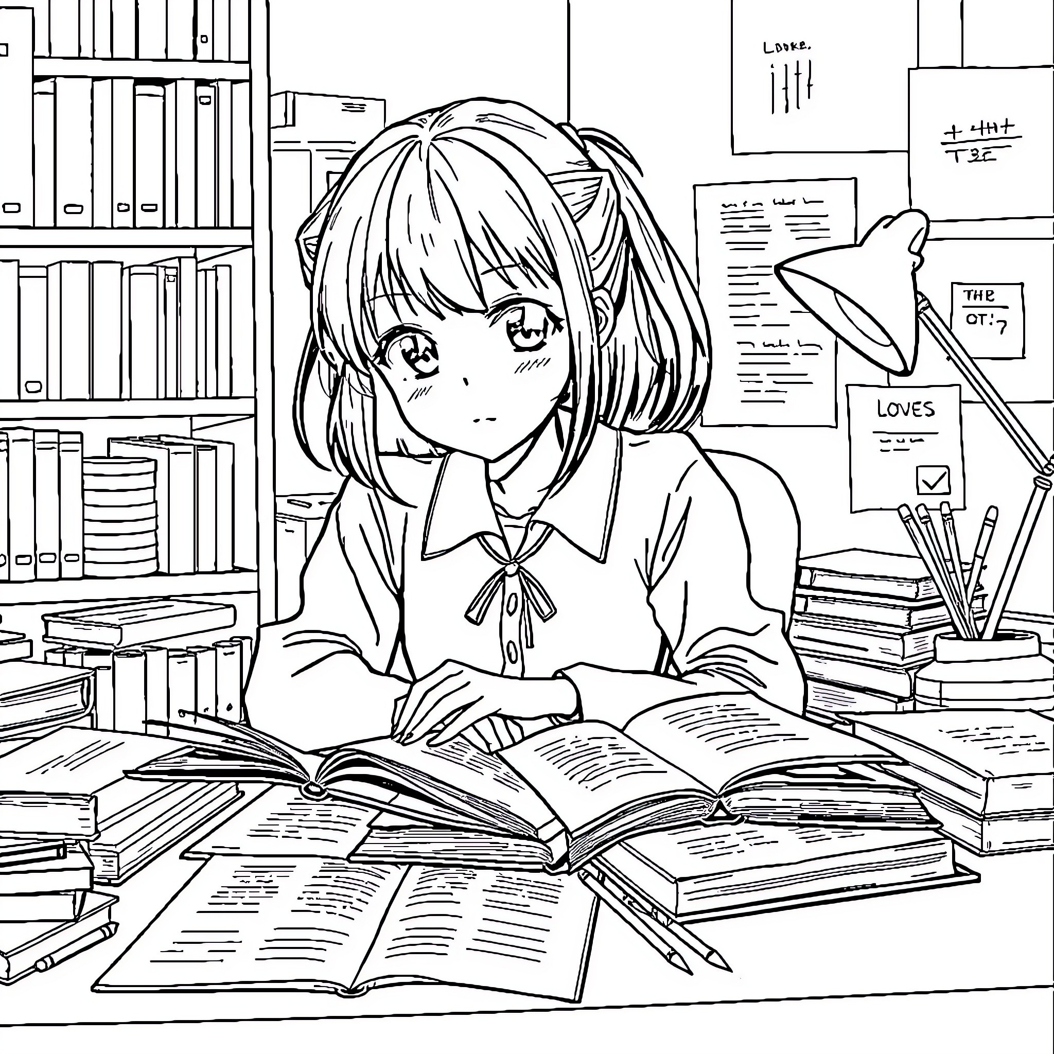 Anime Girl Studying Diligently in a Cluttered Library Coloring Page (free black-and-white line drawing printable PDF for all, from beginners to advanced learners, including children, teens, adults, and seniors)