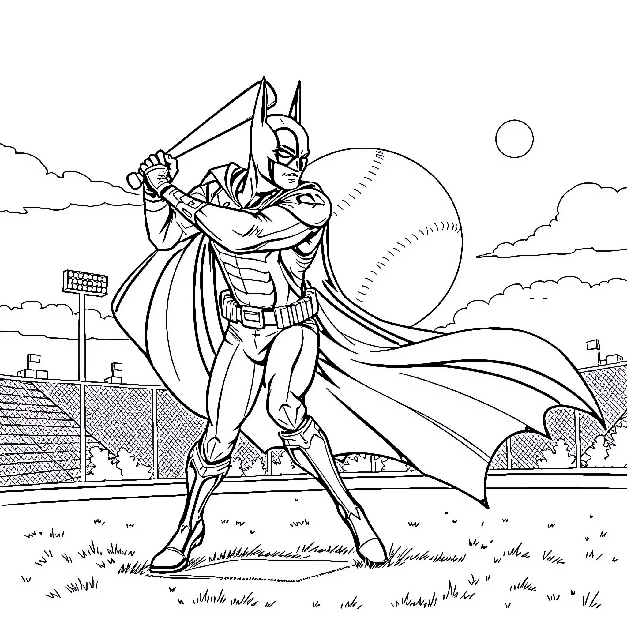 Batman fighting against an unknown threat Coloring Page (free black-and-white line drawing printable PDF for all, from beginners to advanced learners, including children, teens, adults, and seniors)