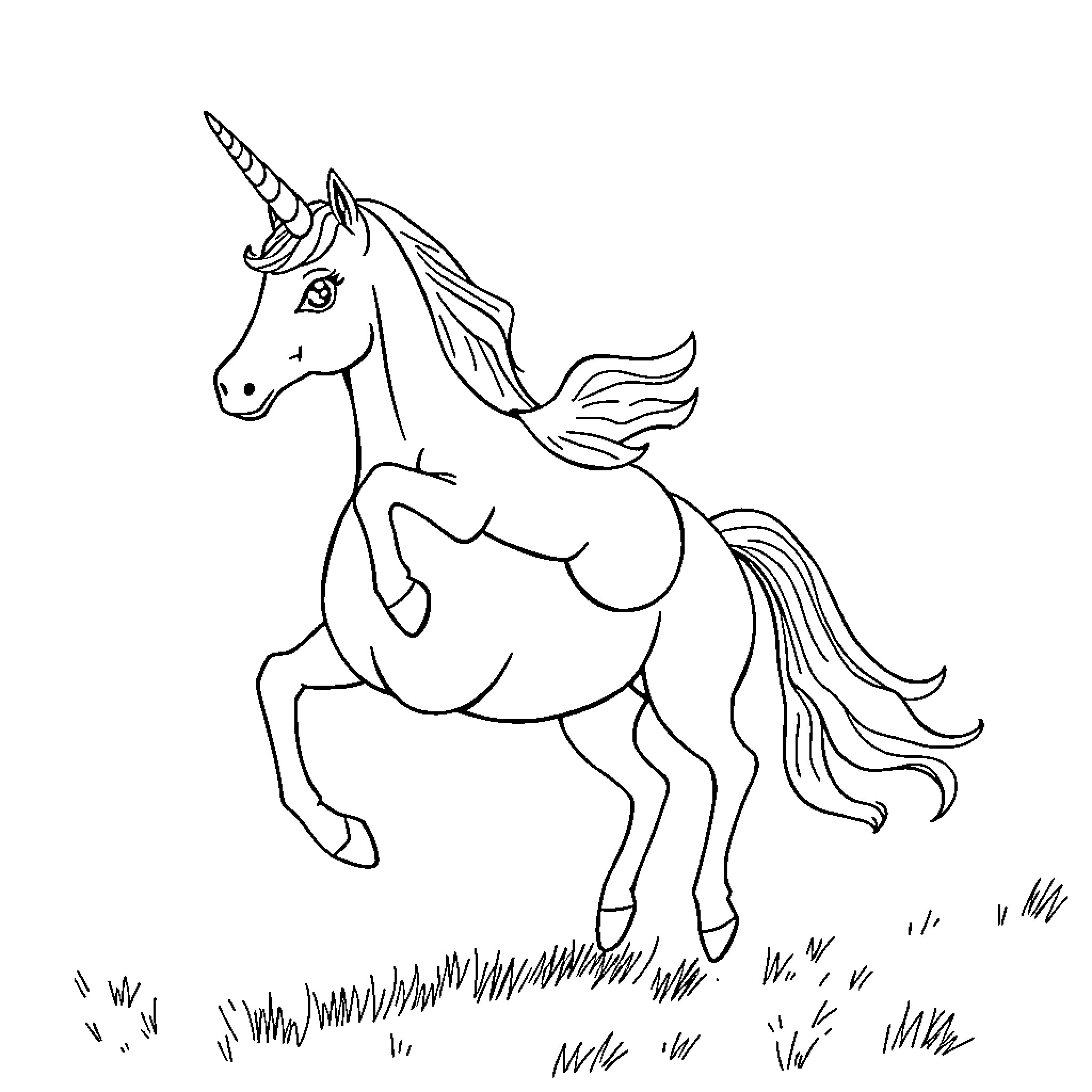 Unicorn frolicking gracefully in the meadow Coloring Page (free black-and-white line drawing printable PDF for all, from beginners to advanced learners, including children, teens, adults, and seniors)