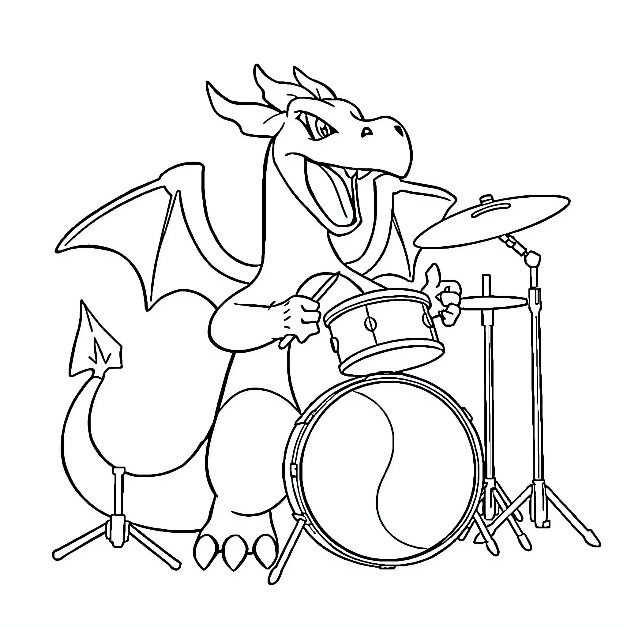 Charizard Drumming with Enthusiasm Coloring Page (free black-and-white line drawing printable PDF for all, from beginners to advanced learners, including children, teens, adults, and seniors)