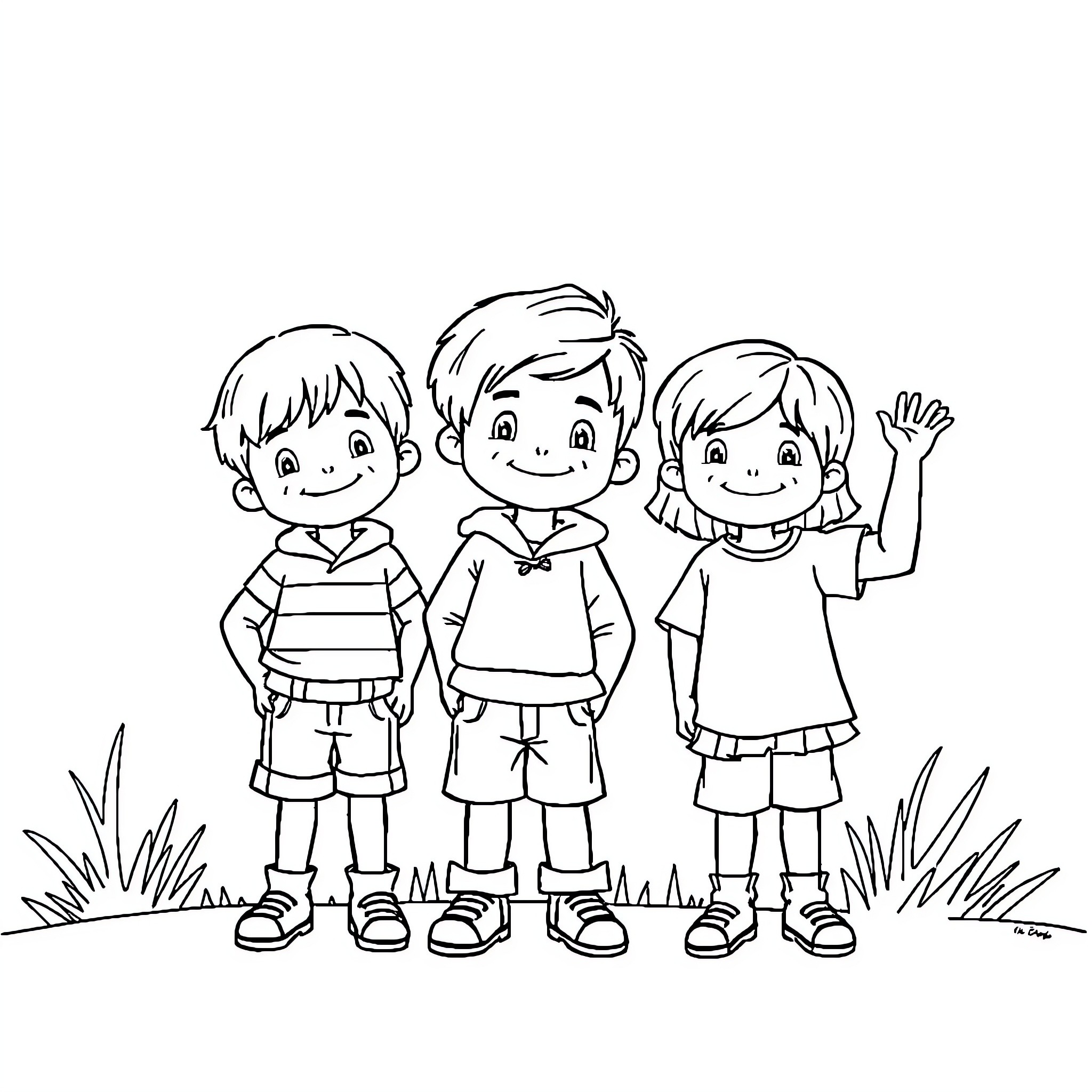 Kids playing happily in the park Coloring Page (free black-and-white line drawing printable PDF for all, from beginners to advanced learners, including children, teens, adults, and seniors)