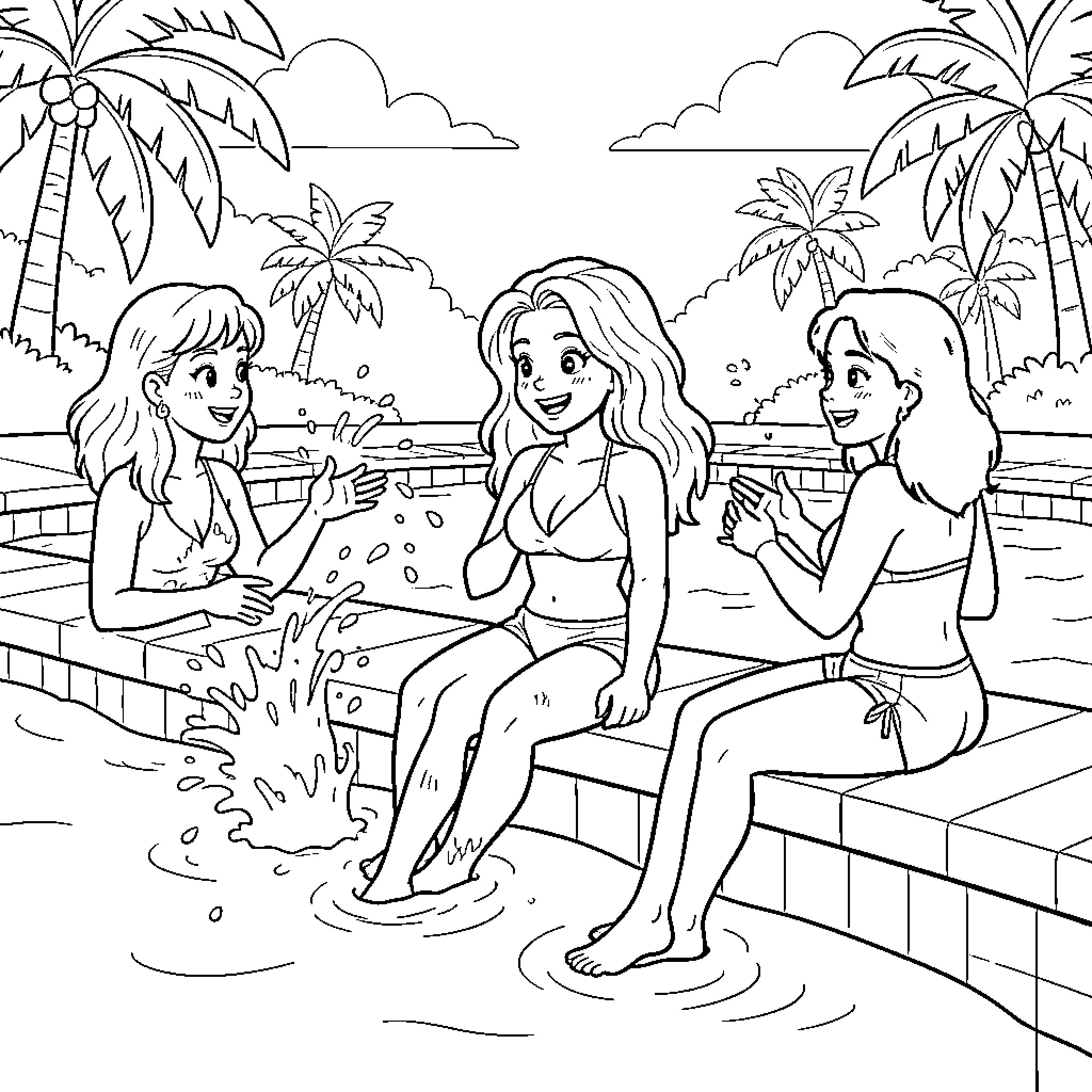 Gaby and friends chatting by the tropical pool Coloring Page (free black-and-white line drawing printable PDF for all, from beginners to advanced learners, including children, teens, adults, and seniors)