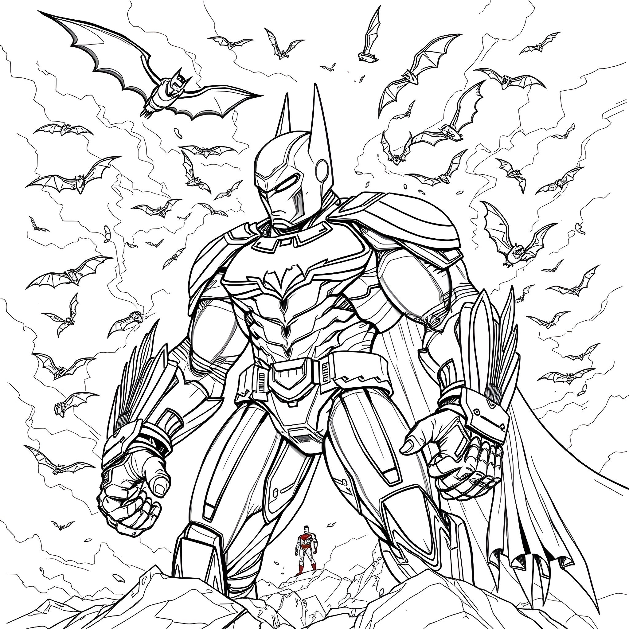 Batman unleashing his power against swarm of bats Coloring Page (free black-and-white line drawing printable PDF for all, from beginners to advanced learners, including children, teens, adults, and seniors)