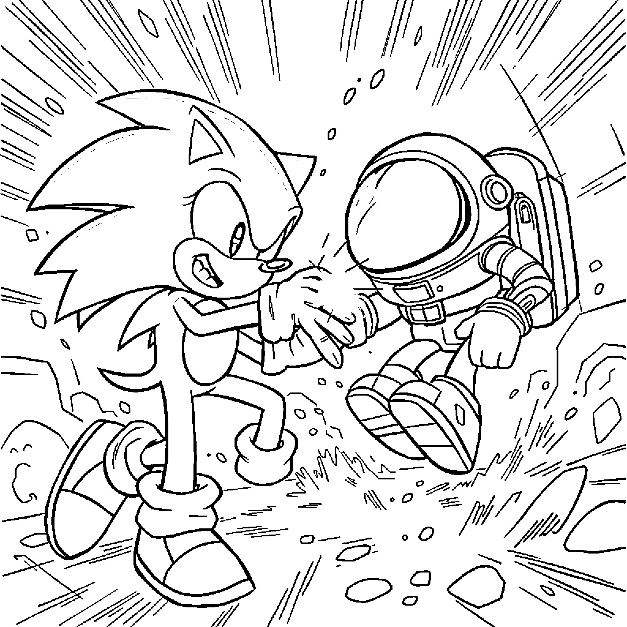 Sonic's Exciting Adventure with Astronaut Coloring Page (free black-and-white line drawing printable PDF for all, from beginners to advanced learners, including children, teens, adults, and seniors)