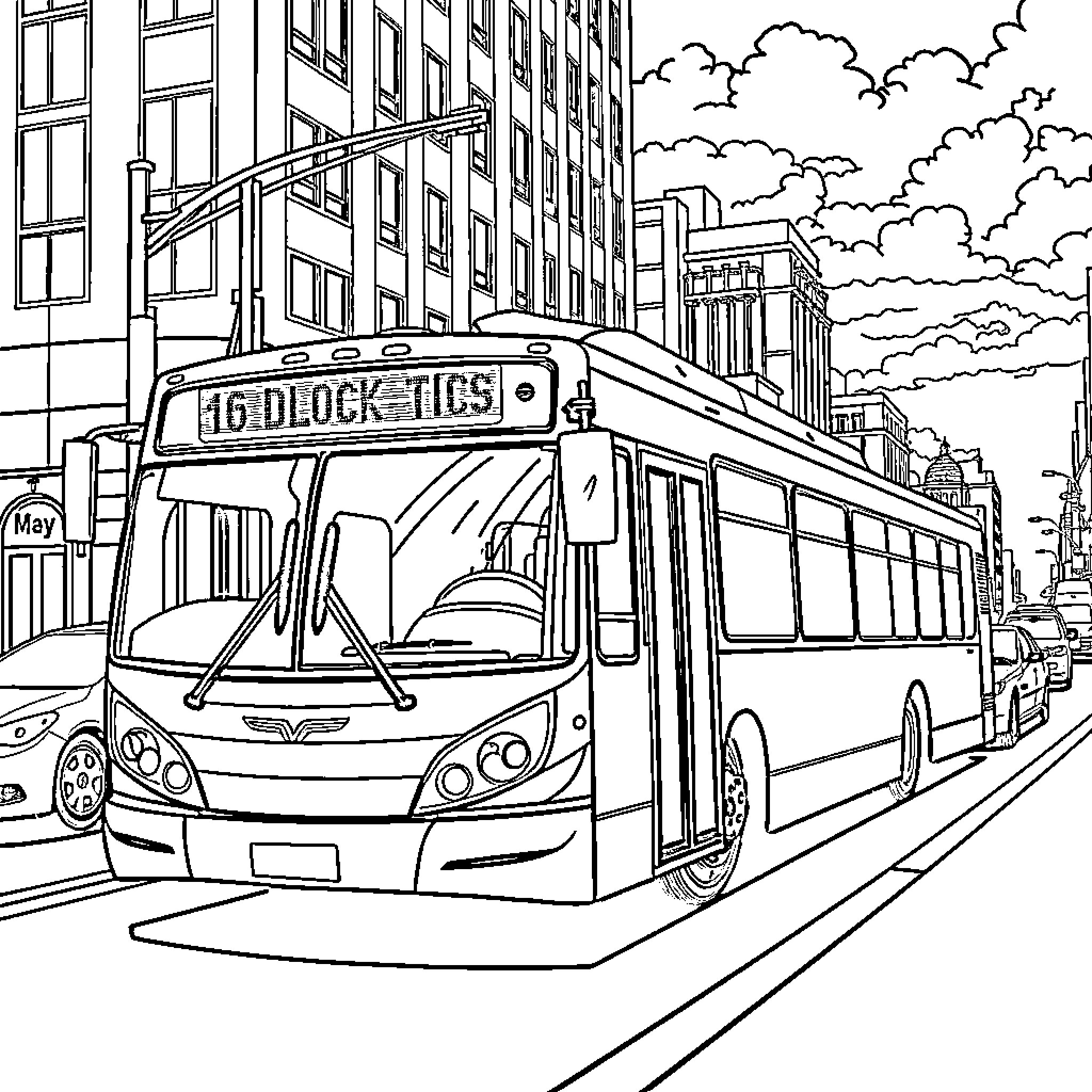 Bus on a city street with buildings and clouds Coloring Page (free black-and-white line drawing printable PDF for all, from beginners to advanced learners, including children, teens, adults, and seniors)