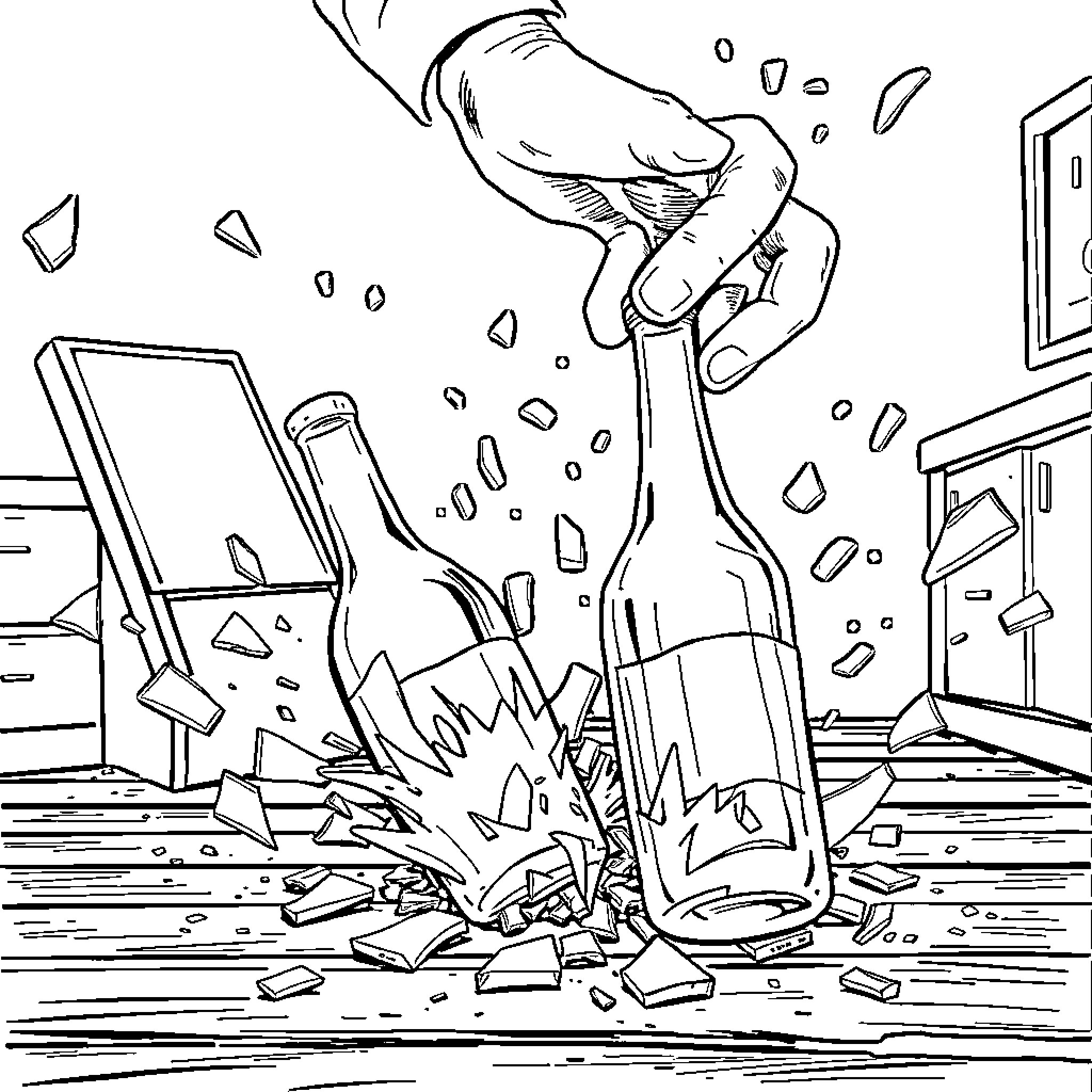 Man destroying computer and electronics in anger Coloring Page (free black-and-white line drawing printable PDF for all, from beginners to advanced learners, including children, teens, adults, and seniors)