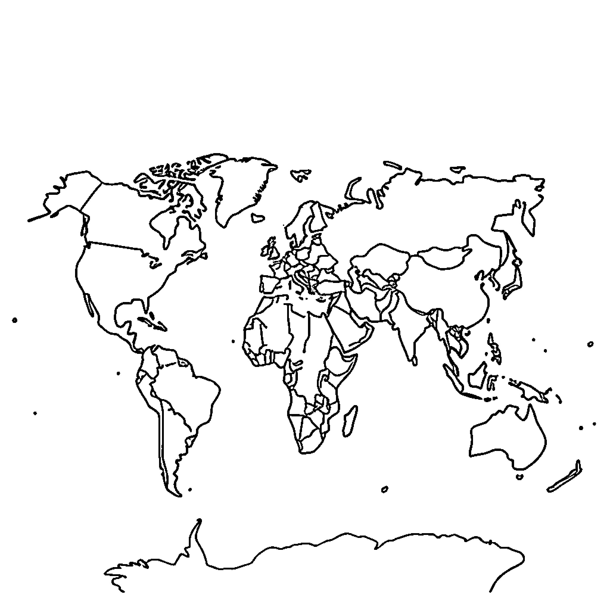 World Map of Simplified Continents and Countries Coloring Page (free black-and-white line drawing printable PDF for all, from beginners to advanced learners, including children, teens, adults, and seniors)