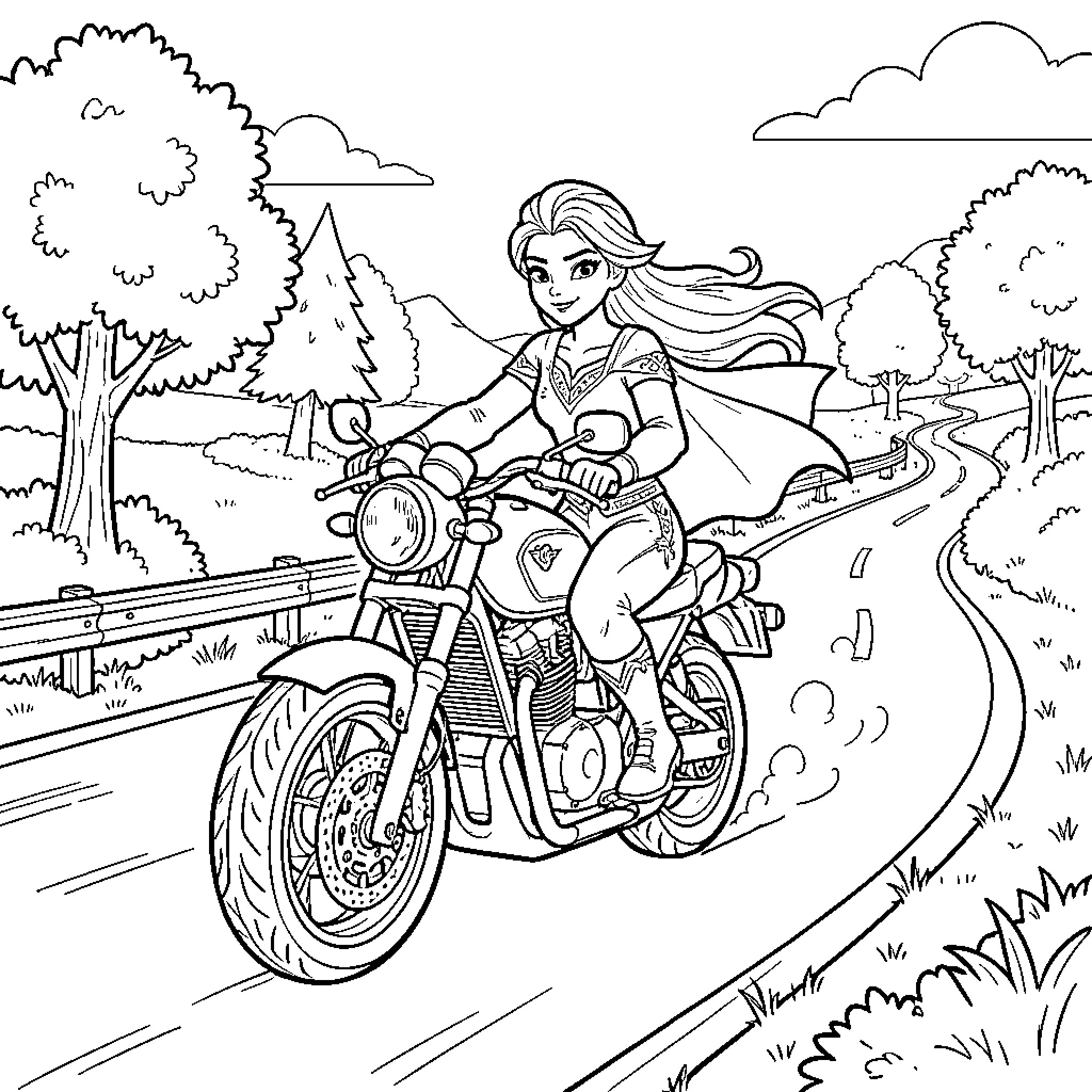 Elsa riding a motorcycle on a scenic road Coloring Page (free black-and-white line drawing printable PDF for all, from beginners to advanced learners, including children, teens, adults, and seniors)