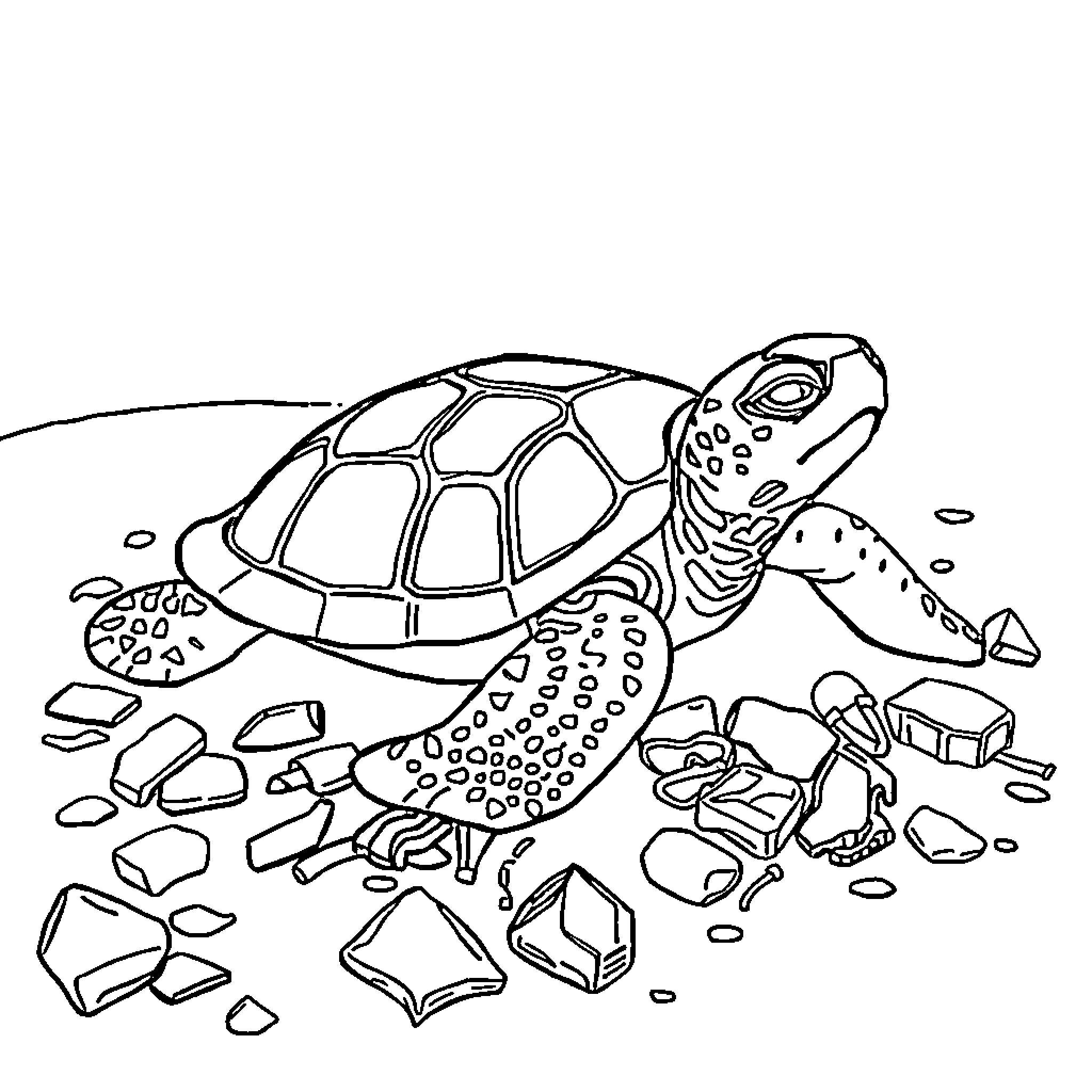 Turtle swimming through a reef with rocks Coloring Page (free black-and-white line drawing printable PDF for all, from beginners to advanced learners, including children, teens, adults, and seniors)