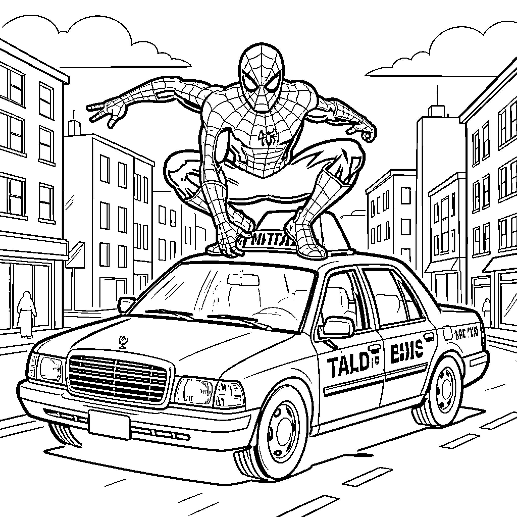 Spiderman Heroically Leaping Over Police Car in City Coloring Page (free black-and-white line drawing printable PDF for all, from beginners to advanced learners, including children, teens, adults, and seniors)