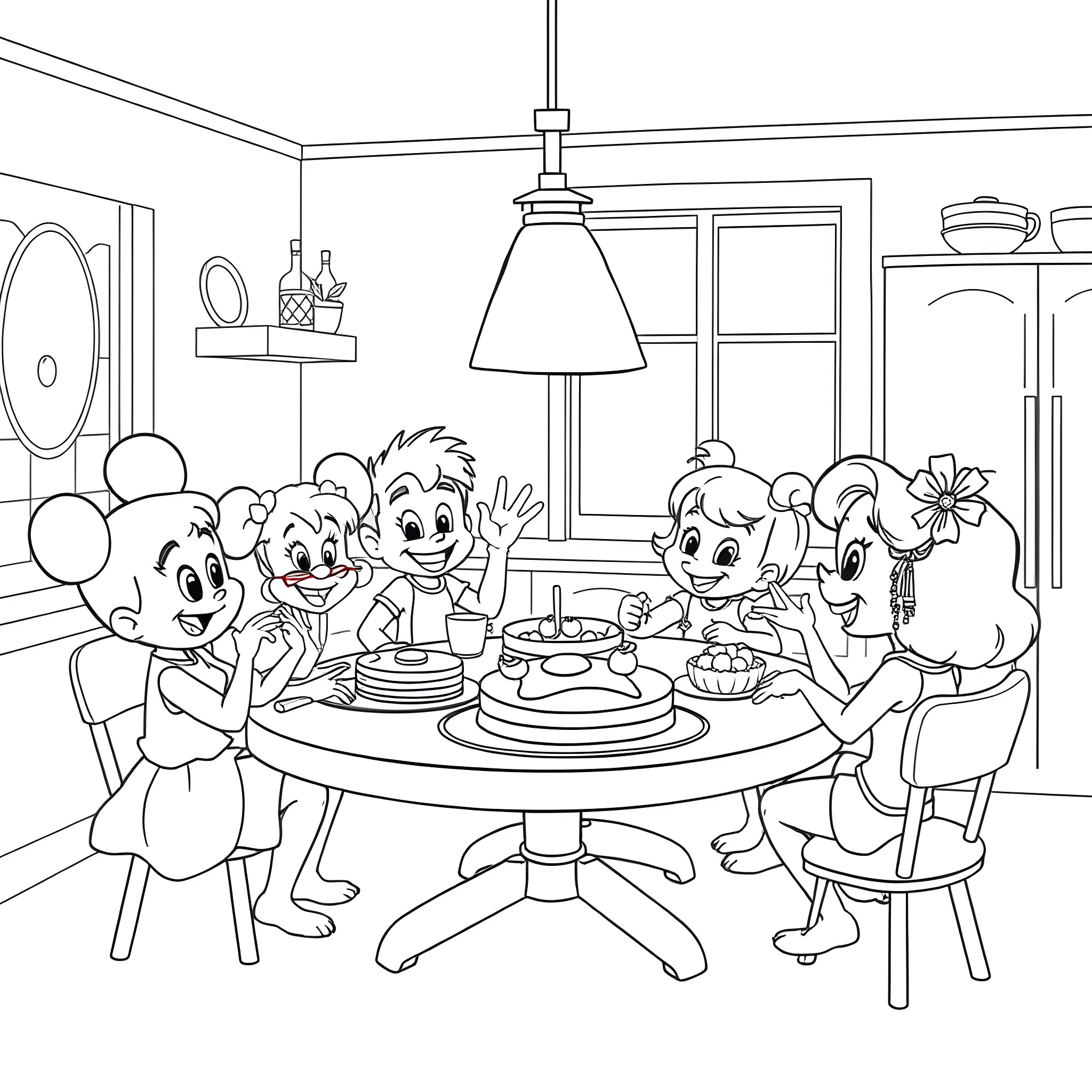 Disney Junior Characters Enjoying a Celebration Coloring Page (free black-and-white line drawing printable PDF for all, from beginners to advanced learners, including children, teens, adults, and seniors)