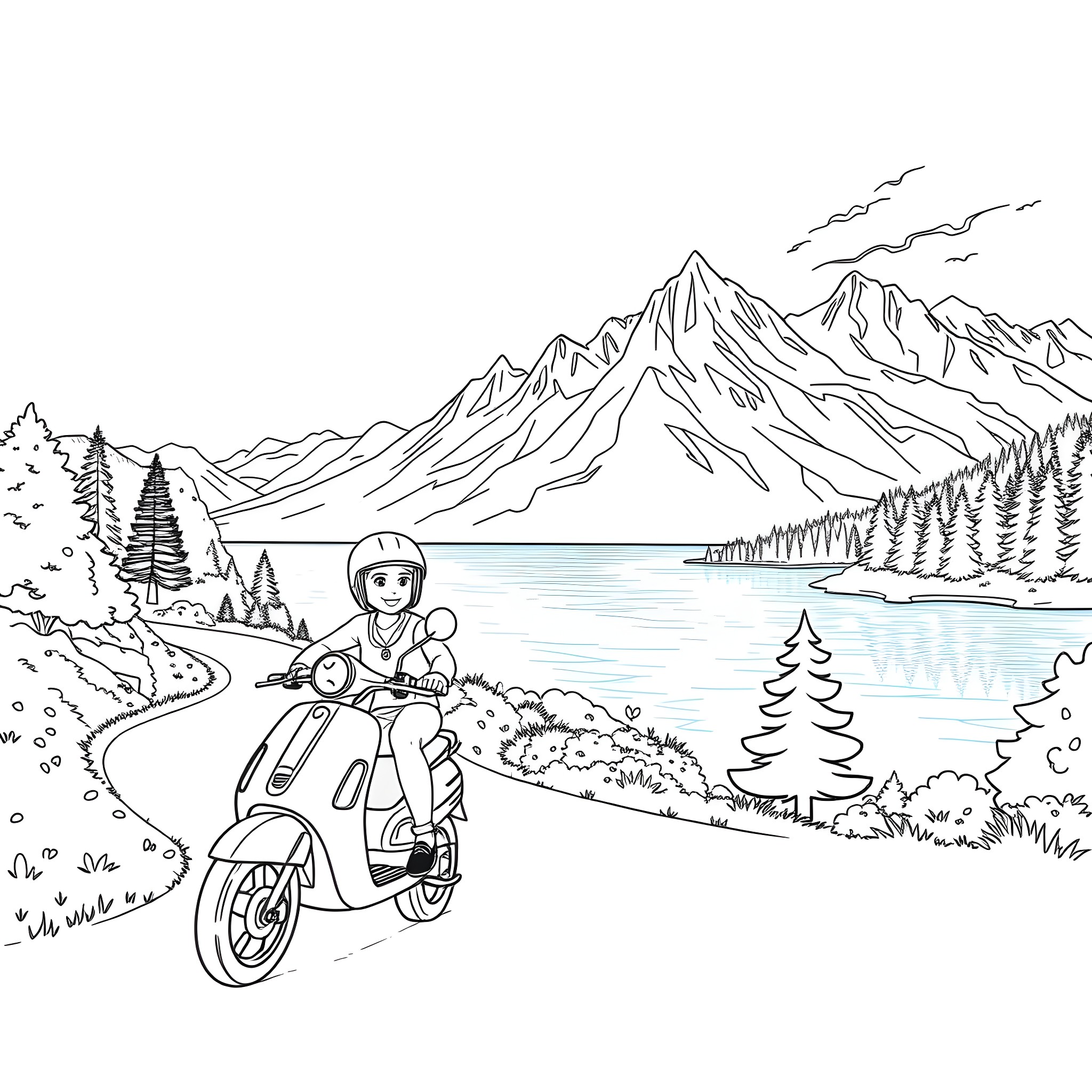 Scooter Rider Enjoying Mountain Scenery Coloring Page (free black-and-white line drawing printable PDF for all, from beginners to advanced learners, including children, teens, adults, and seniors)