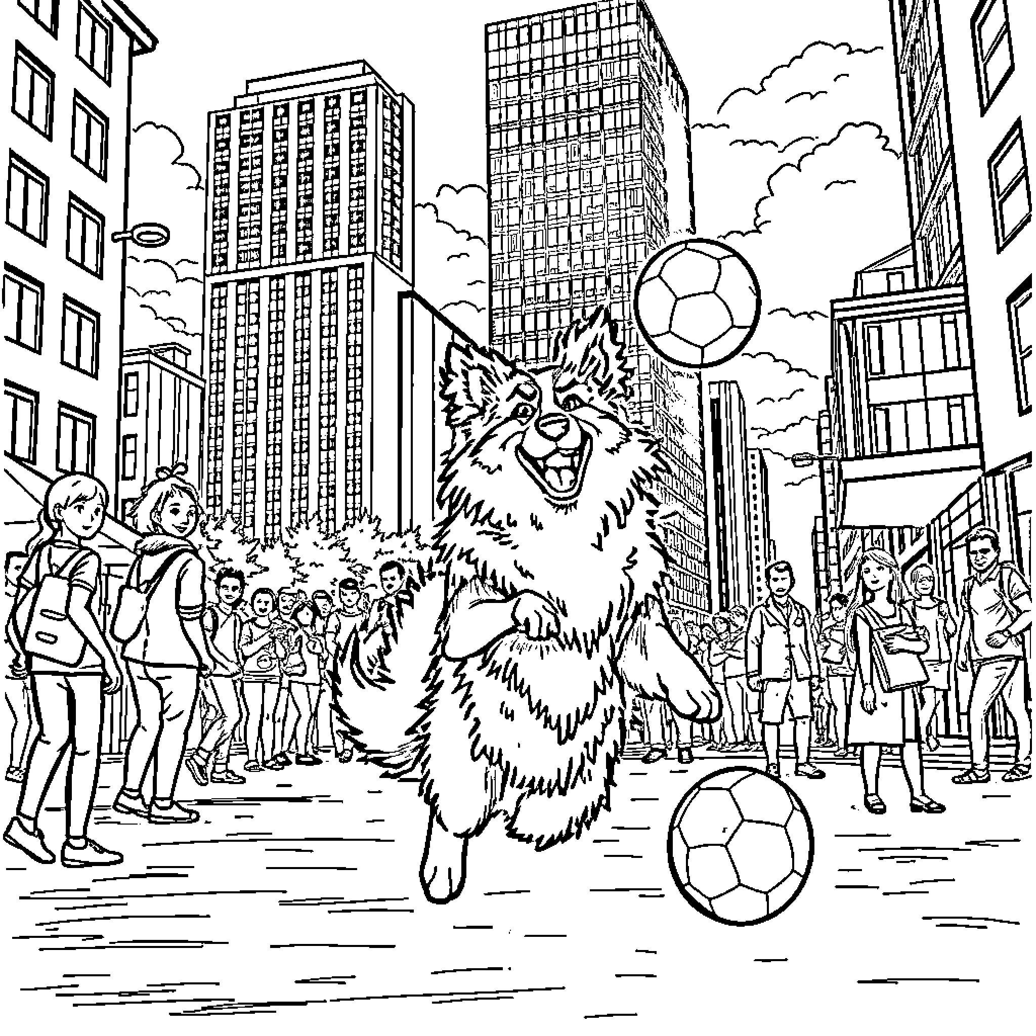 Rumi's Playful Adventure in the City Coloring Page (free black-and-white line drawing printable PDF for all, from beginners to advanced learners, including children, teens, adults, and seniors)