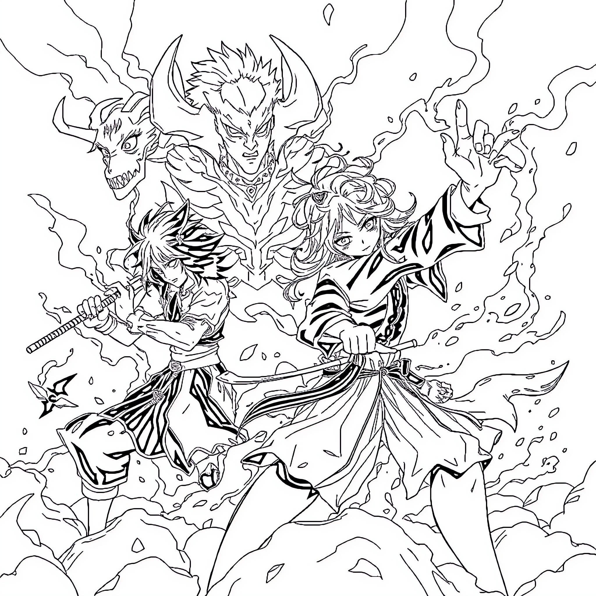Kimetsu no Yaiba: Fierce Battle of Demon Slayers Coloring Page (free black-and-white line drawing printable PDF for all, from beginners to advanced learners, including children, teens, adults, and seniors)