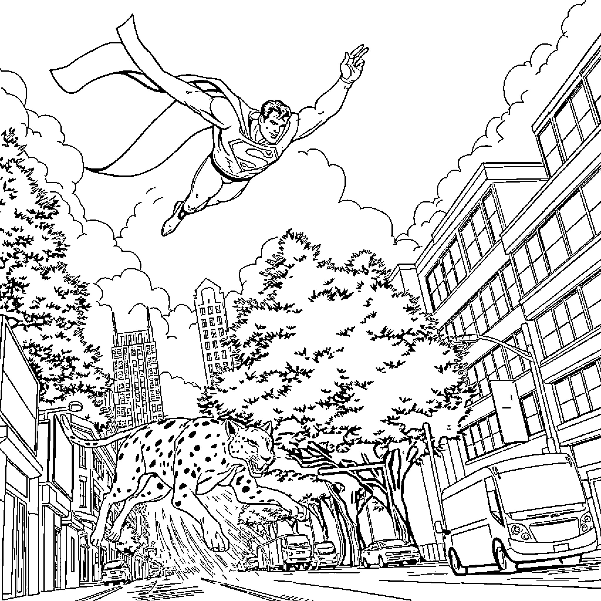 Superman soaring through the city skyline Coloring Page (free black-and-white line drawing printable PDF for all, from beginners to advanced learners, including children, teens, adults, and seniors)