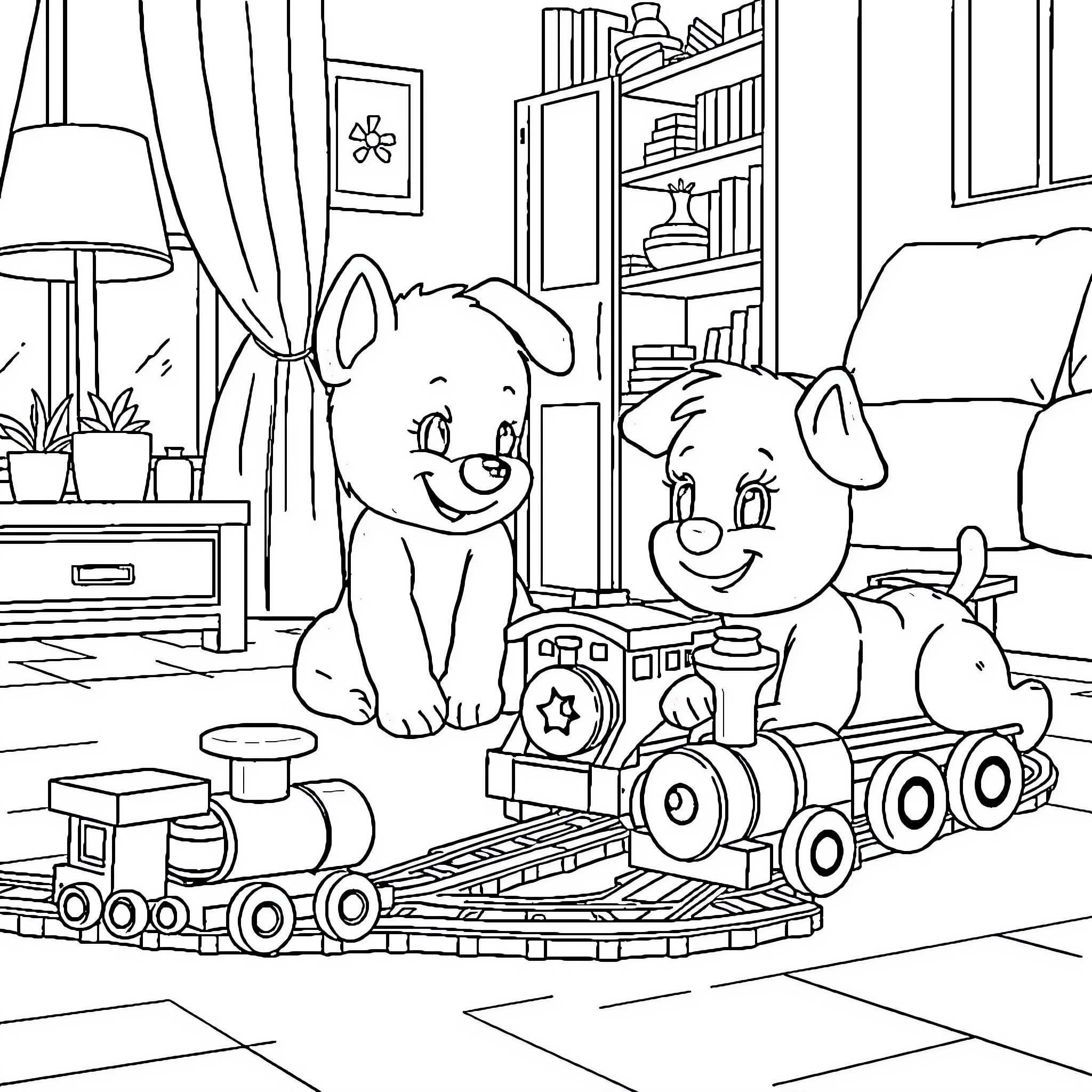 Bluey and friends play with toys in cozy home Coloring Page (free black-and-white line drawing printable PDF for all, from beginners to advanced learners, including children, teens, adults, and seniors)