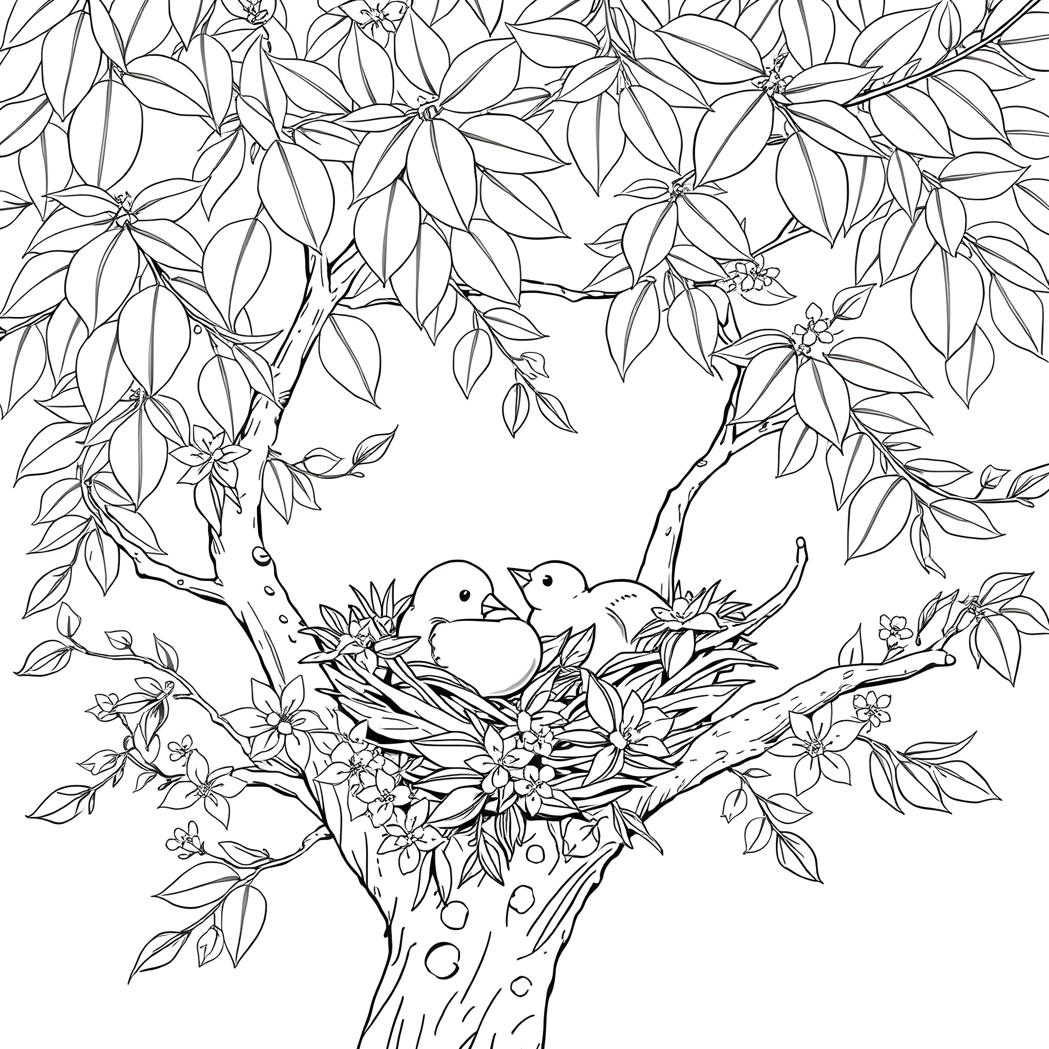 Birds nesting in a leafy tree Coloring Page (free black-and-white line drawing printable PDF for all, from beginners to advanced learners, including children, teens, adults, and seniors)