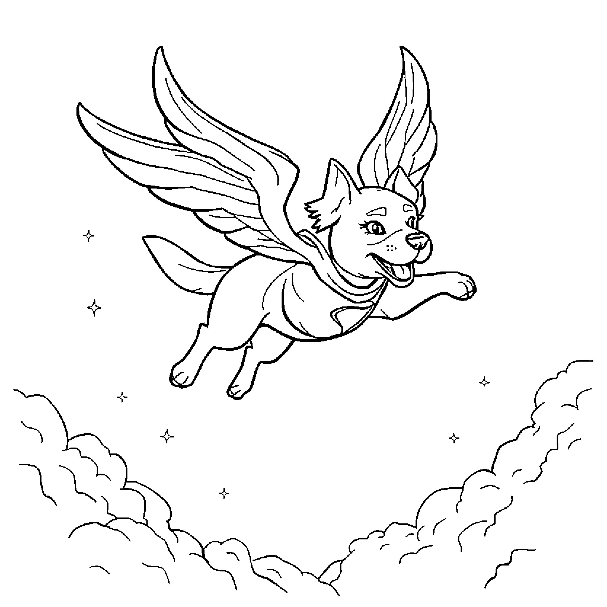 Dog with wings soaring through the sky Coloring Page (free black-and-white line drawing printable PDF for all, from beginners to advanced learners, including children, teens, adults, and seniors)