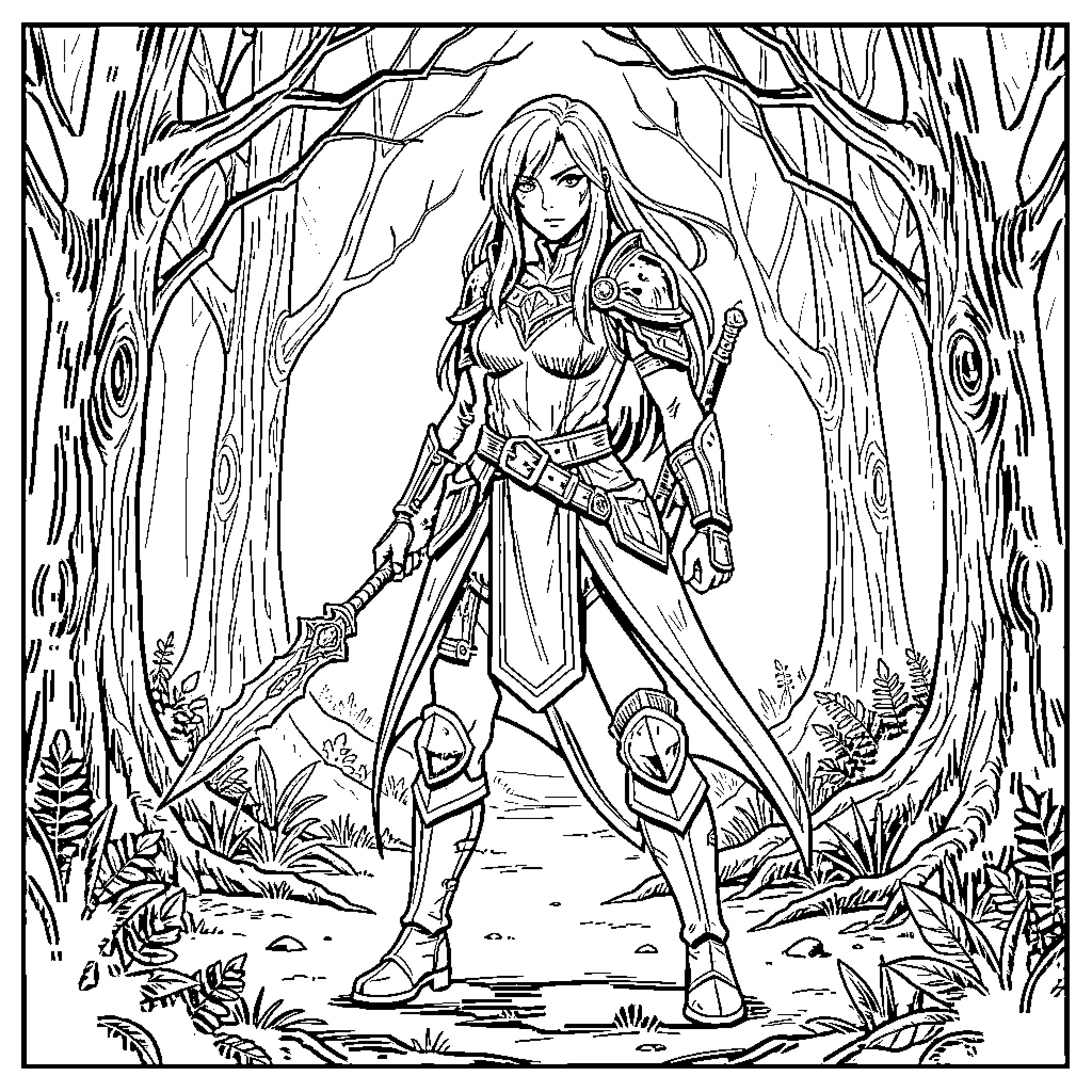 Rumie standing heroically in armor holding a sword Coloring Page (free black-and-white line drawing printable PDF for all, from beginners to advanced learners, including children, teens, adults, and seniors)