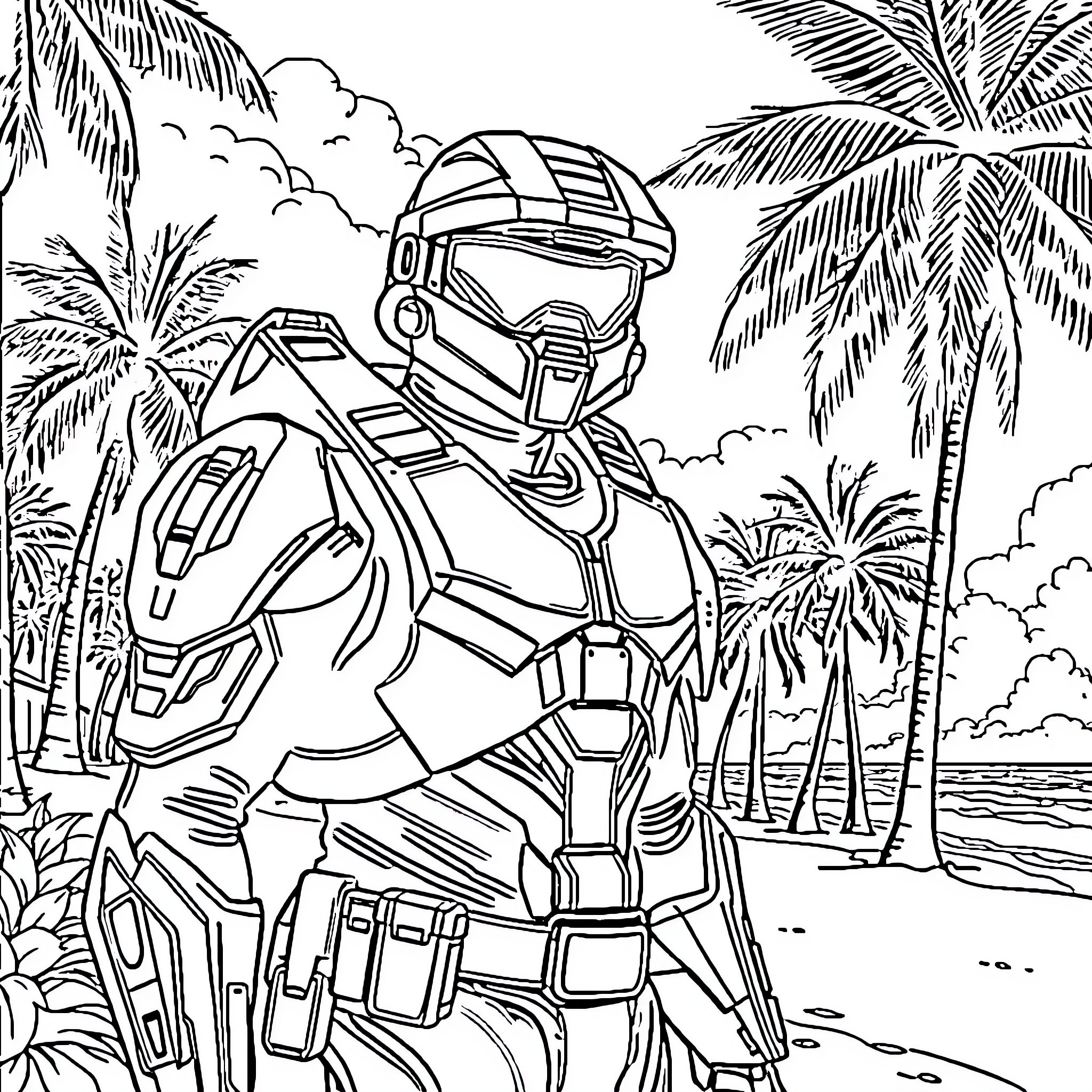 Master Chief in tropical combat gear Coloring Page (free black-and-white line drawing printable PDF for all, from beginners to advanced learners, including children, teens, adults, and seniors)