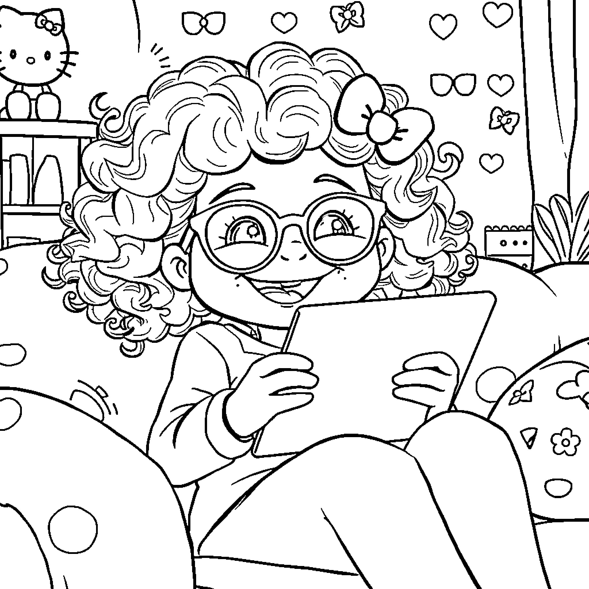 Girl with Curly Hair Enjoying Technology Coloring Page (free black-and-white line drawing printable PDF for all, from beginners to advanced learners, including children, teens, adults, and seniors)