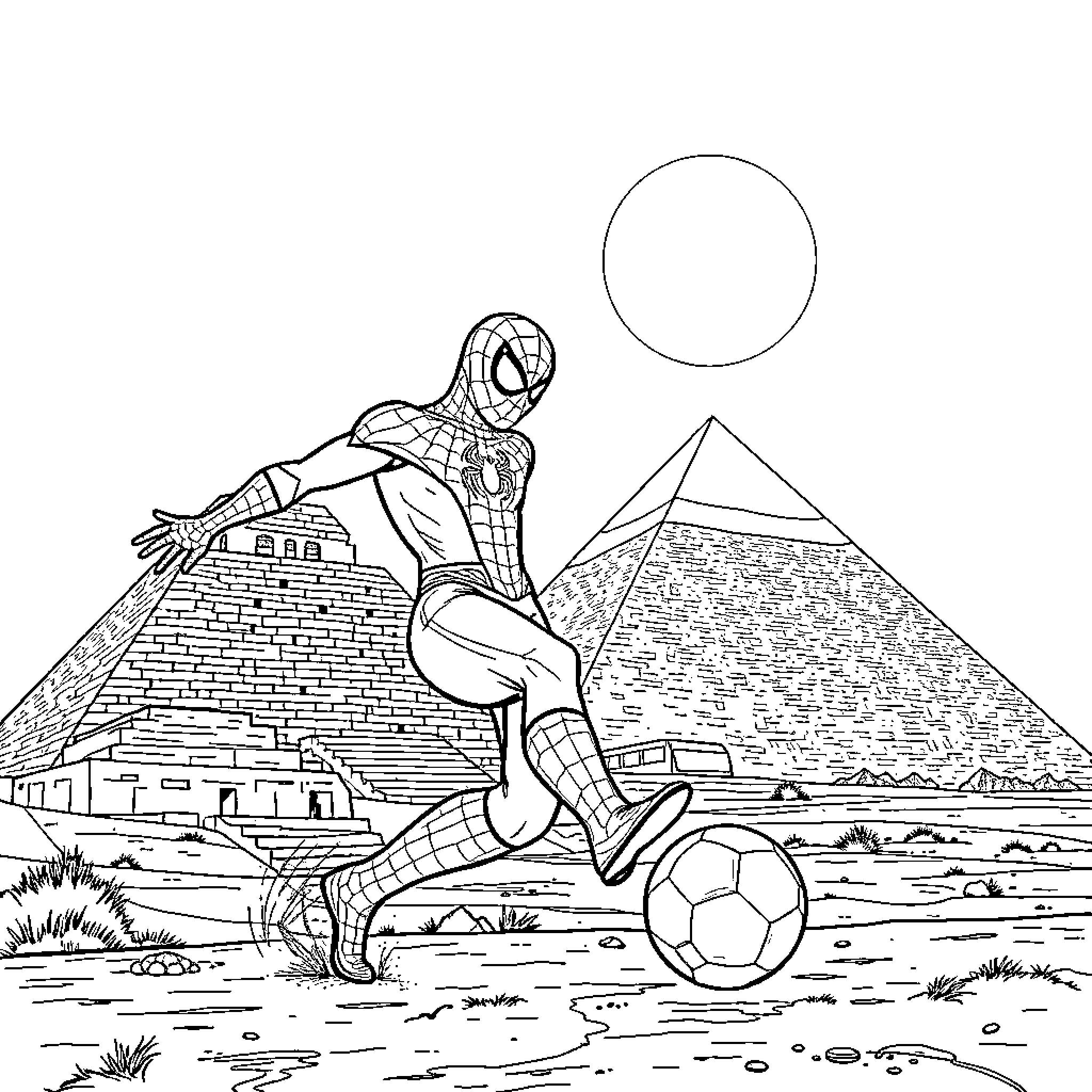 Spiderman playing soccer in the desert near pyramids Coloring Page (free black-and-white line drawing printable PDF for all, from beginners to advanced learners, including children, teens, adults, and seniors)
