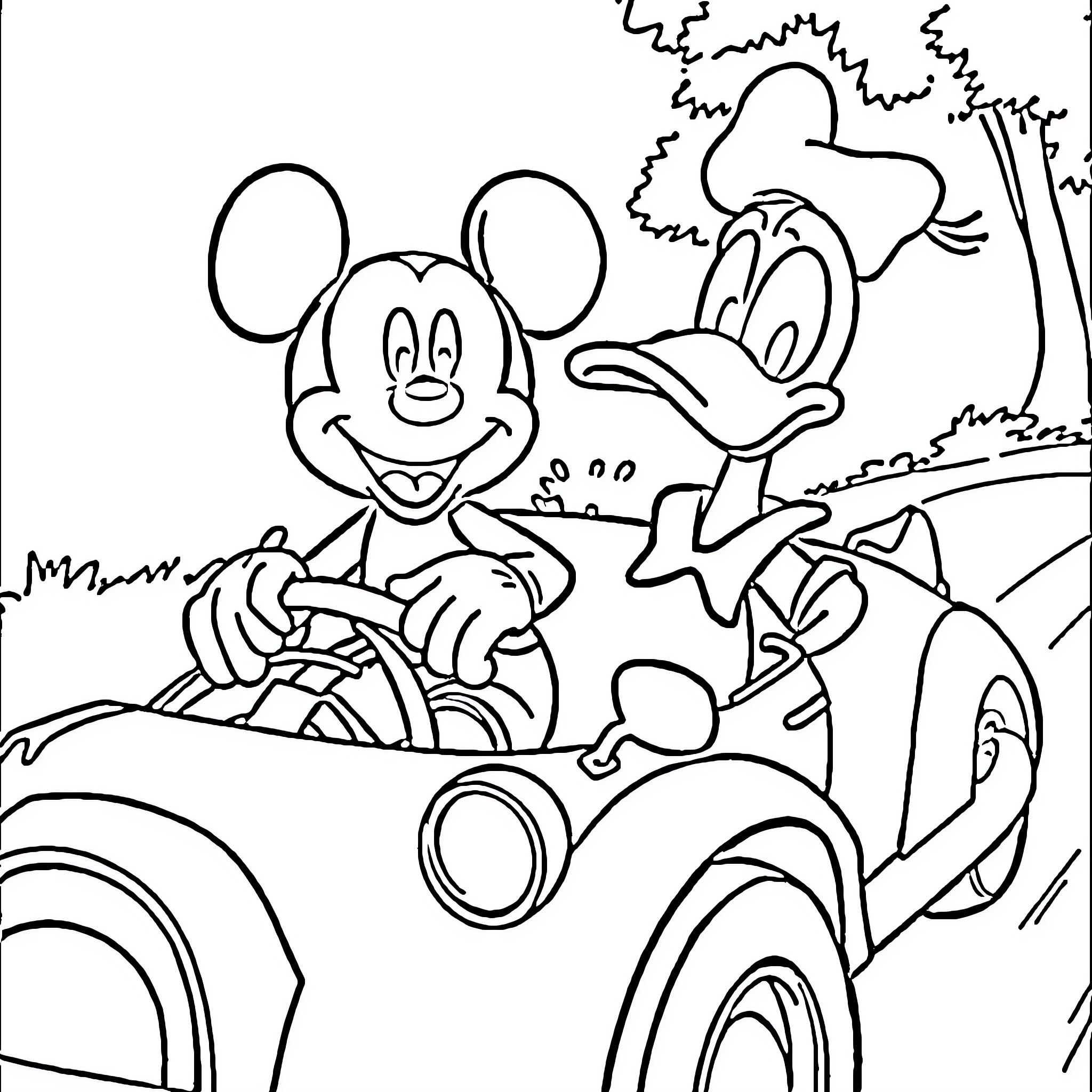 Mickey Mouse and Donald Duck driving happily in a car Coloring Page (free black-and-white line drawing printable PDF for all, from beginners to advanced learners, including children, teens, adults, and seniors)
