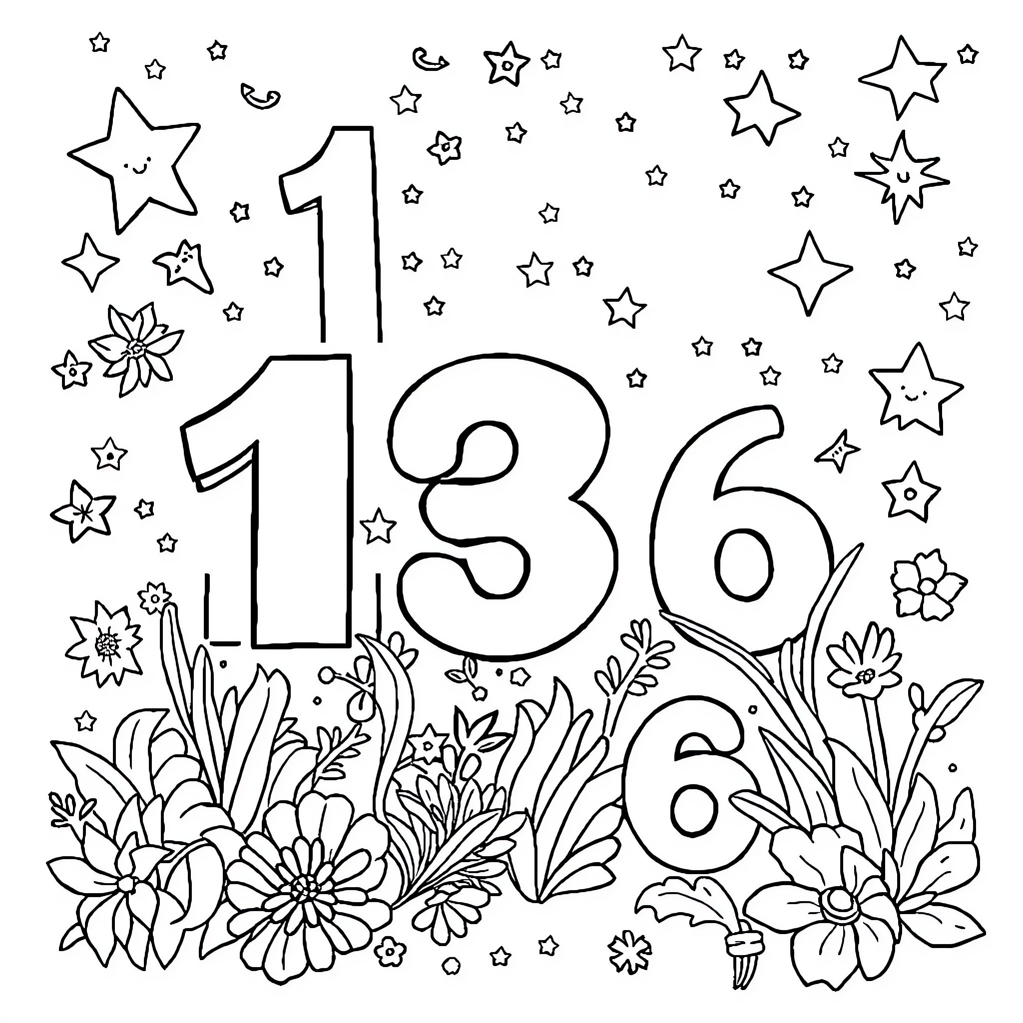 Magic Number 136 surrounded by floral elements and stars Coloring Page (free black-and-white line drawing printable PDF for all, from beginners to advanced learners, including children, teens, adults, and seniors)
