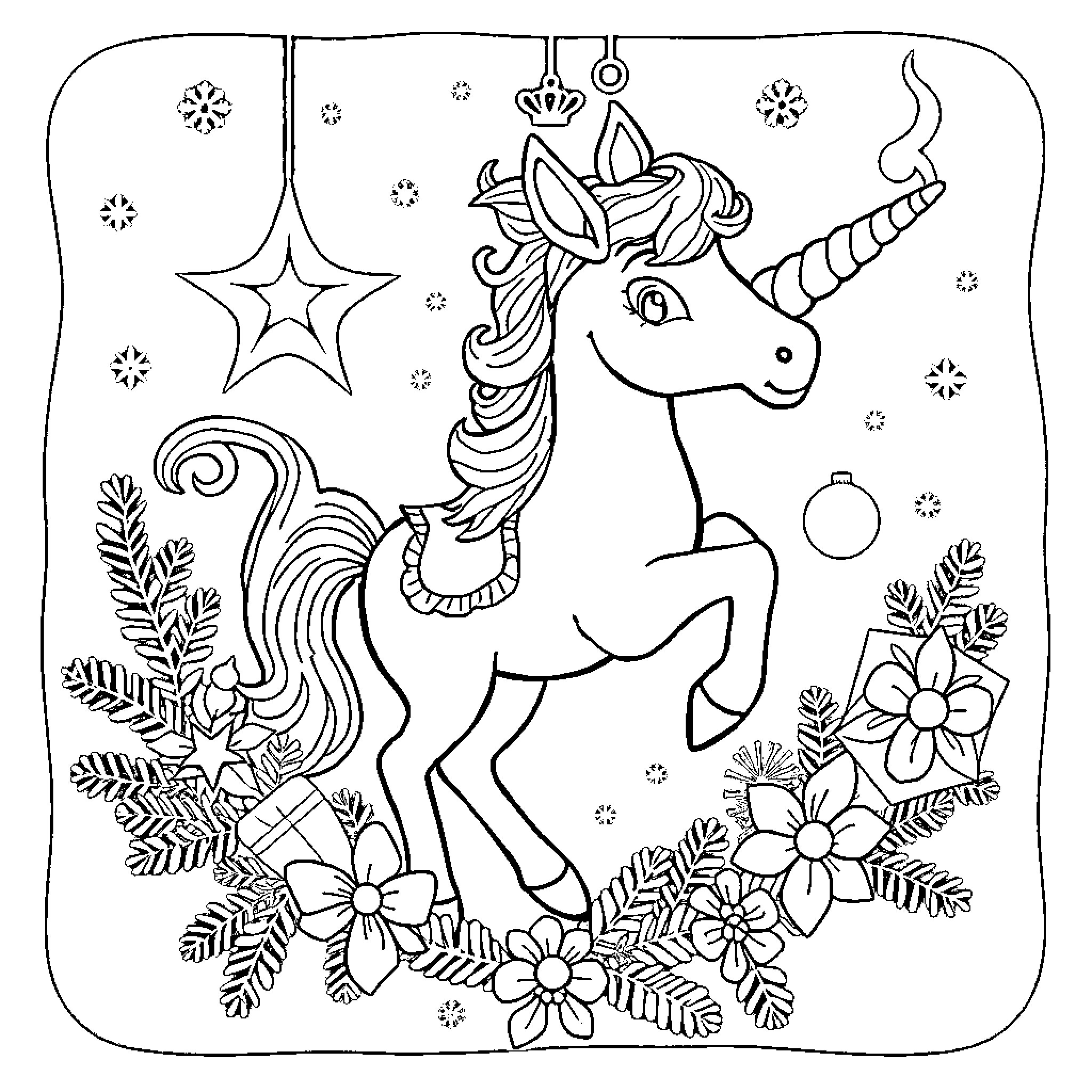 Unicorn surrounded by magical floral elements Coloring Page (free black-and-white line drawing printable PDF for all, from beginners to advanced learners, including children, teens, adults, and seniors)