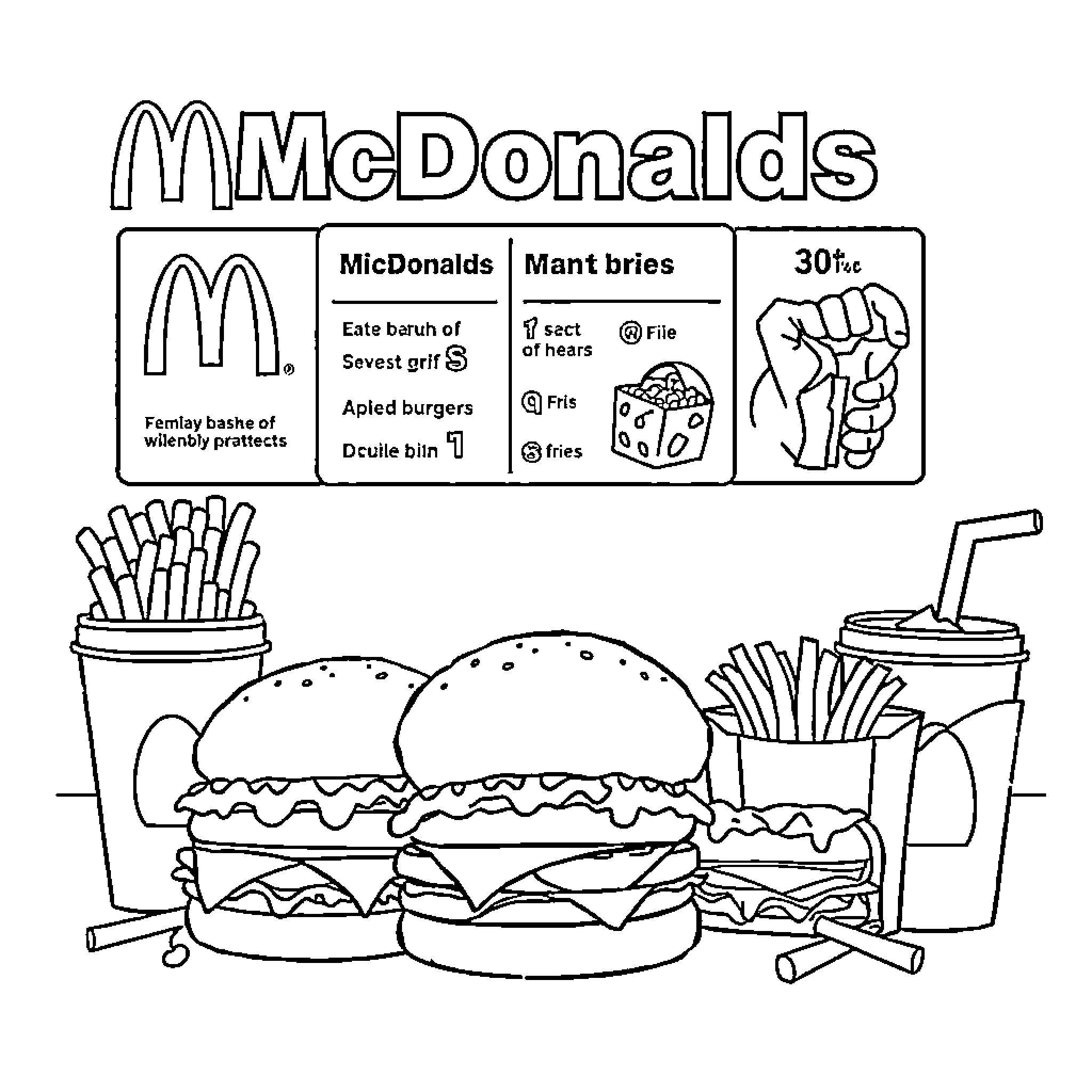 McDonald's Menu Items and Promotions Coloring Page (free black-and-white line drawing printable PDF for all, from beginners to advanced learners, including children, teens, adults, and seniors)