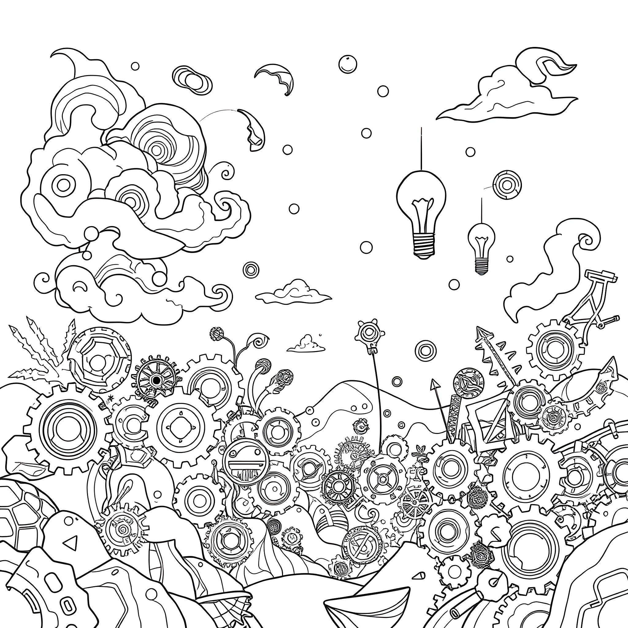 Idea for a mechanical and creative landscape Coloring Page (free black-and-white line drawing printable PDF for all, from beginners to advanced learners, including children, teens, adults, and seniors)