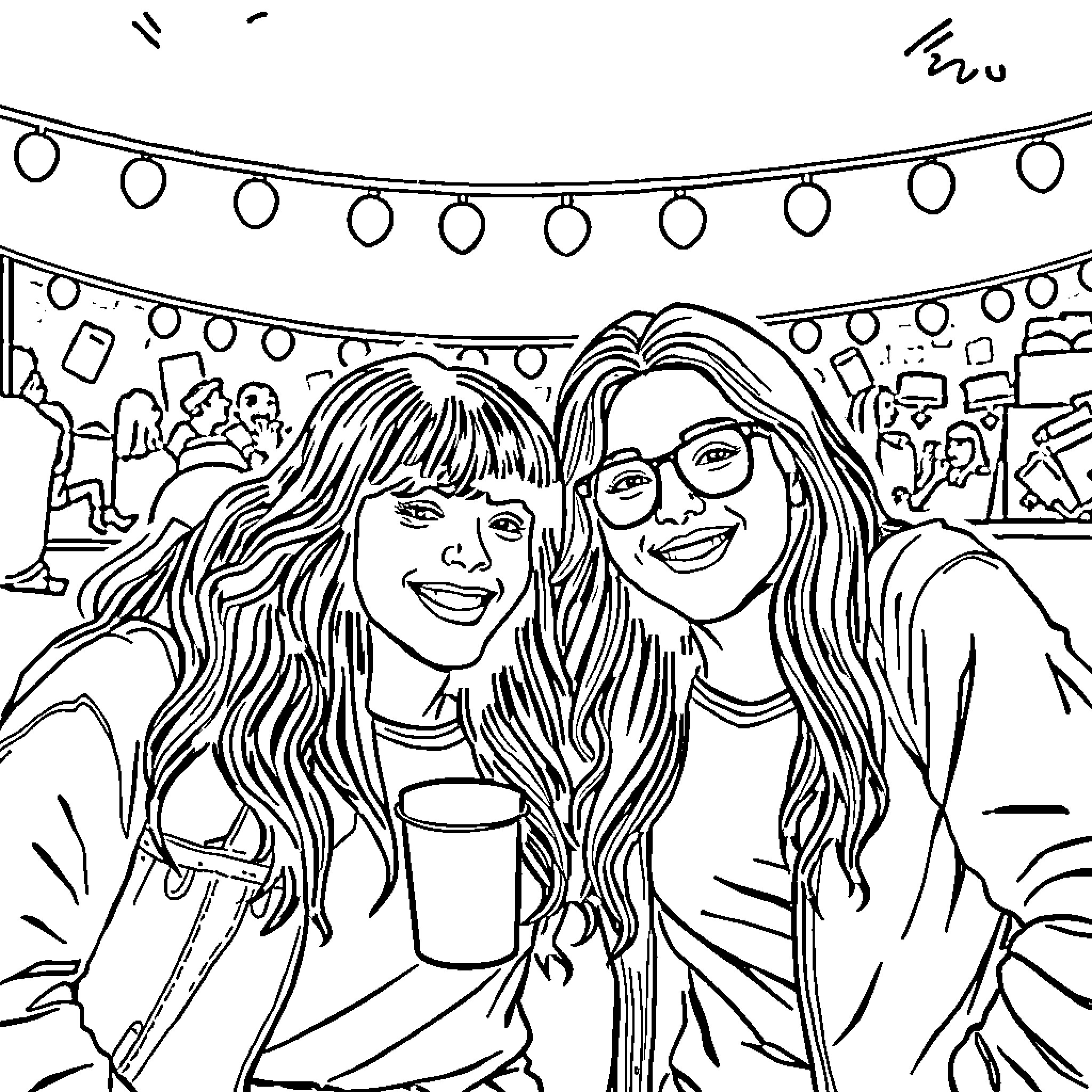 Homies celebrating together in festive setting Coloring Page (free black-and-white line drawing printable PDF for all, from beginners to advanced learners, including children, teens, adults, and seniors)