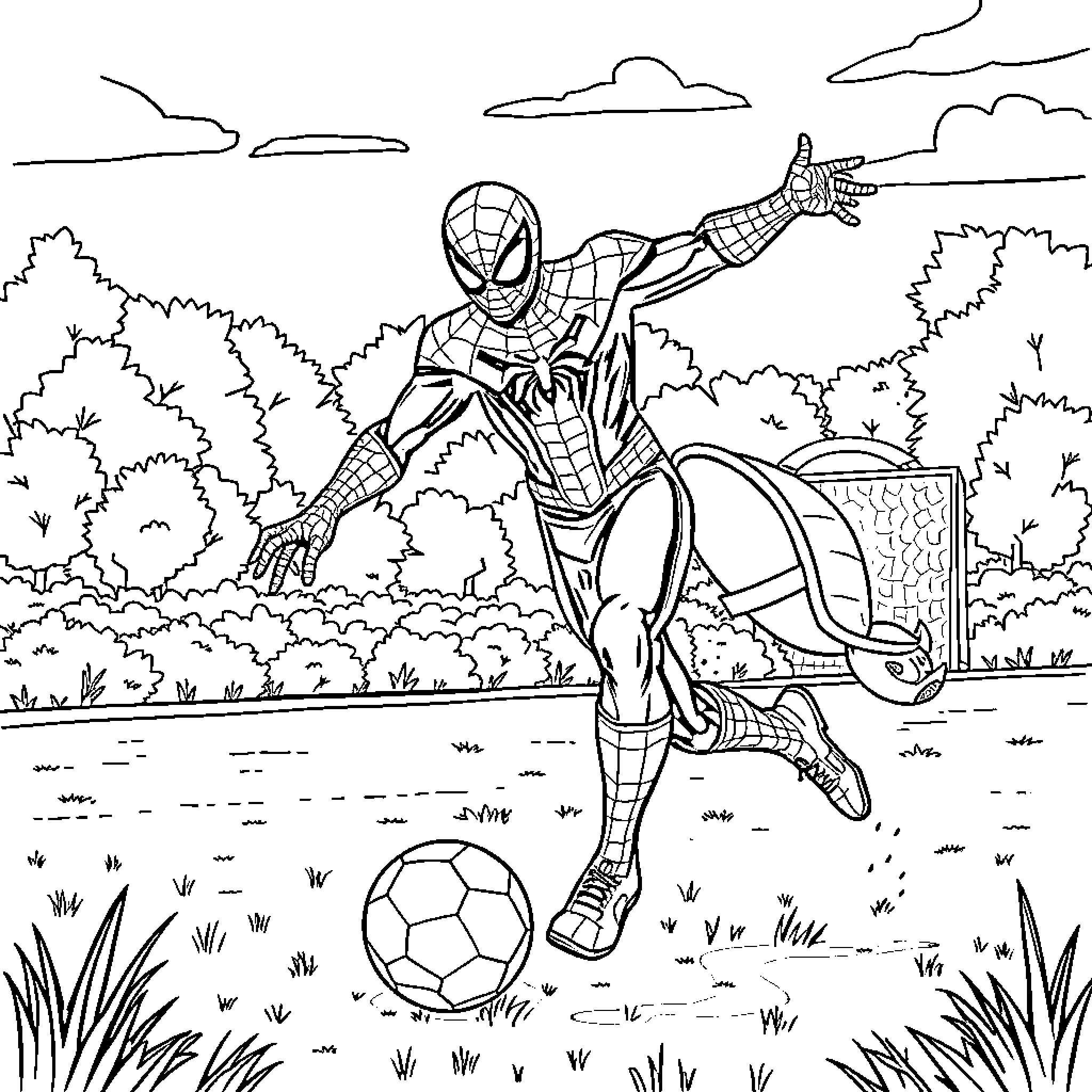 Spiderman playing soccer in a park Coloring Page (free black-and-white line drawing printable PDF for all, from beginners to advanced learners, including children, teens, adults, and seniors)