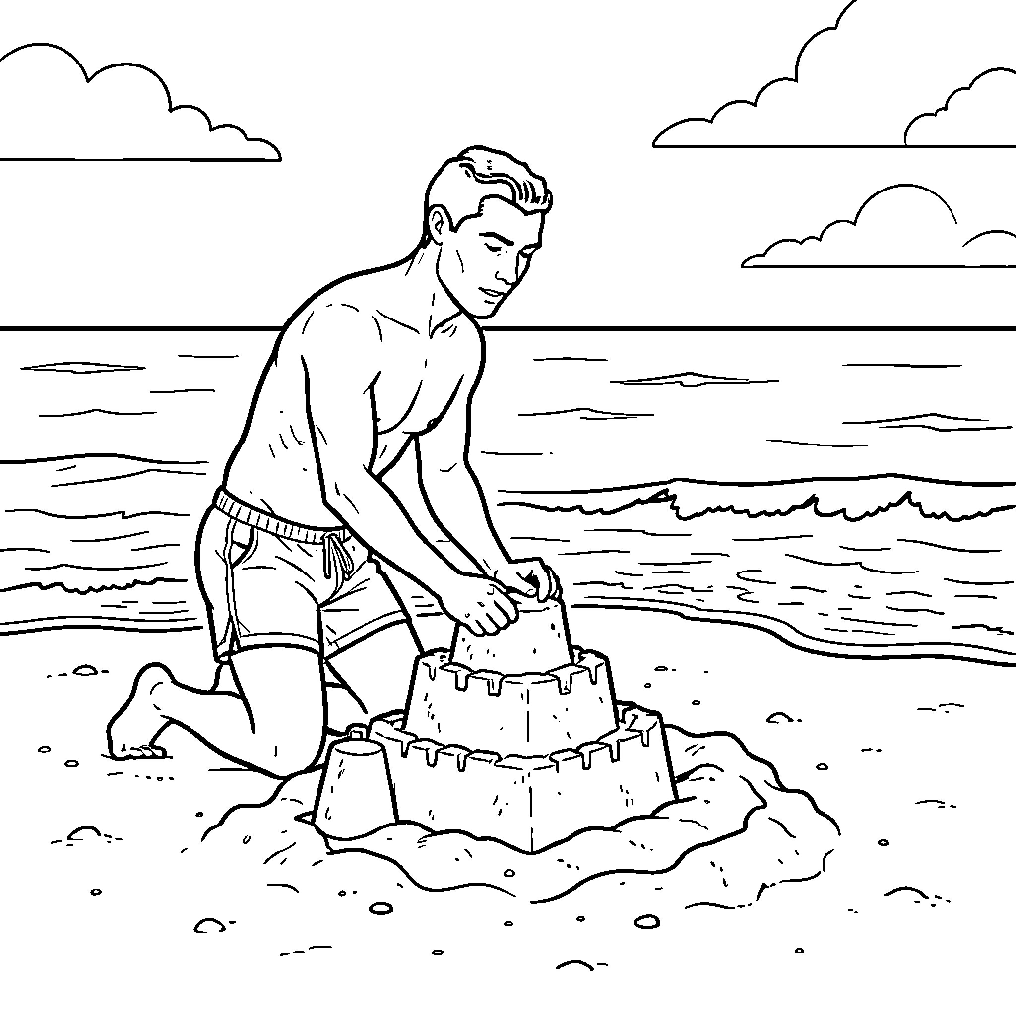Ronaldo building a sandcastle on the beach Coloring Page (free black-and-white line drawing printable PDF for all, from beginners to advanced learners, including children, teens, adults, and seniors)