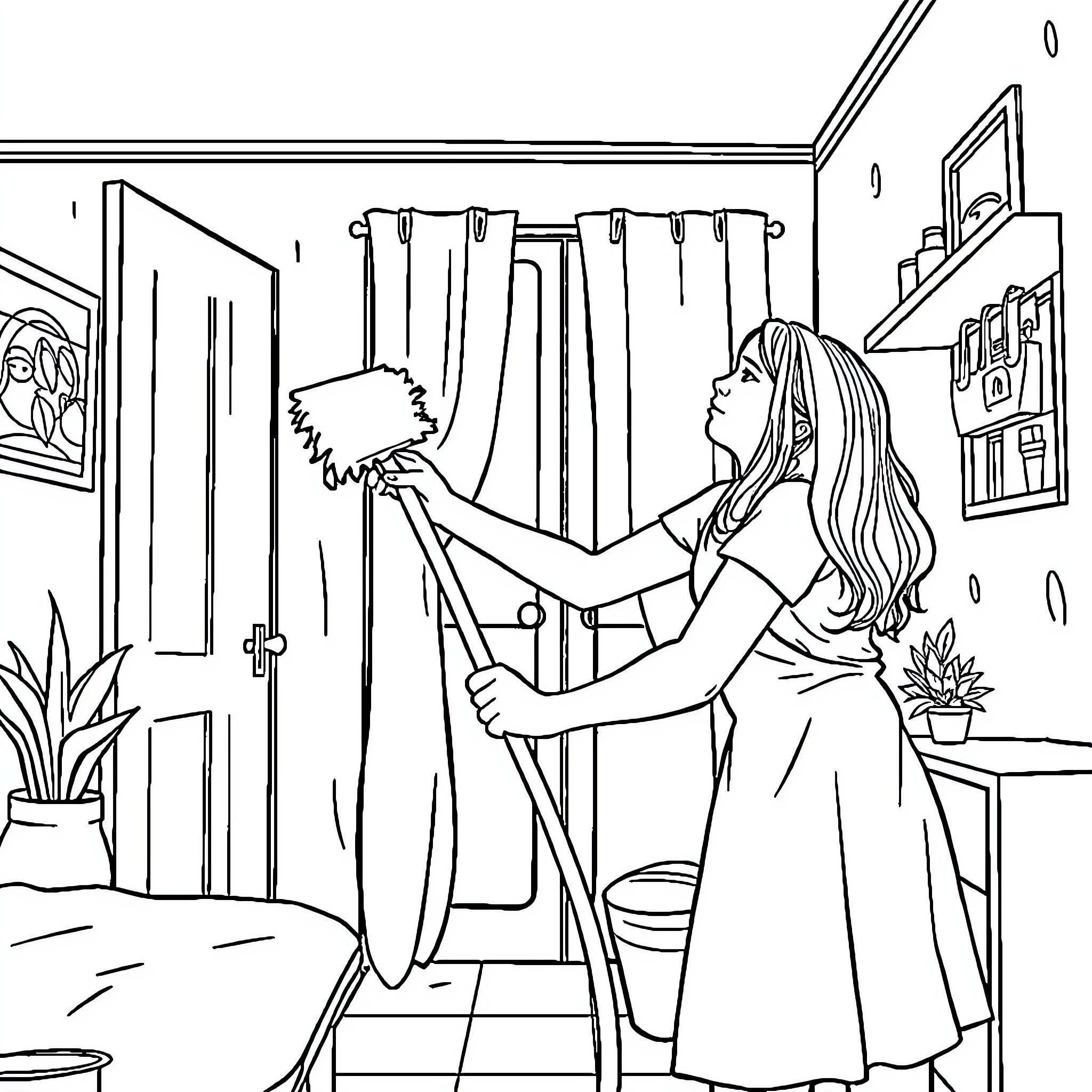 Woman arranging curtains in her bedroom Coloring Page (free black-and-white line drawing printable PDF for all, from beginners to advanced learners, including children, teens, adults, and seniors)