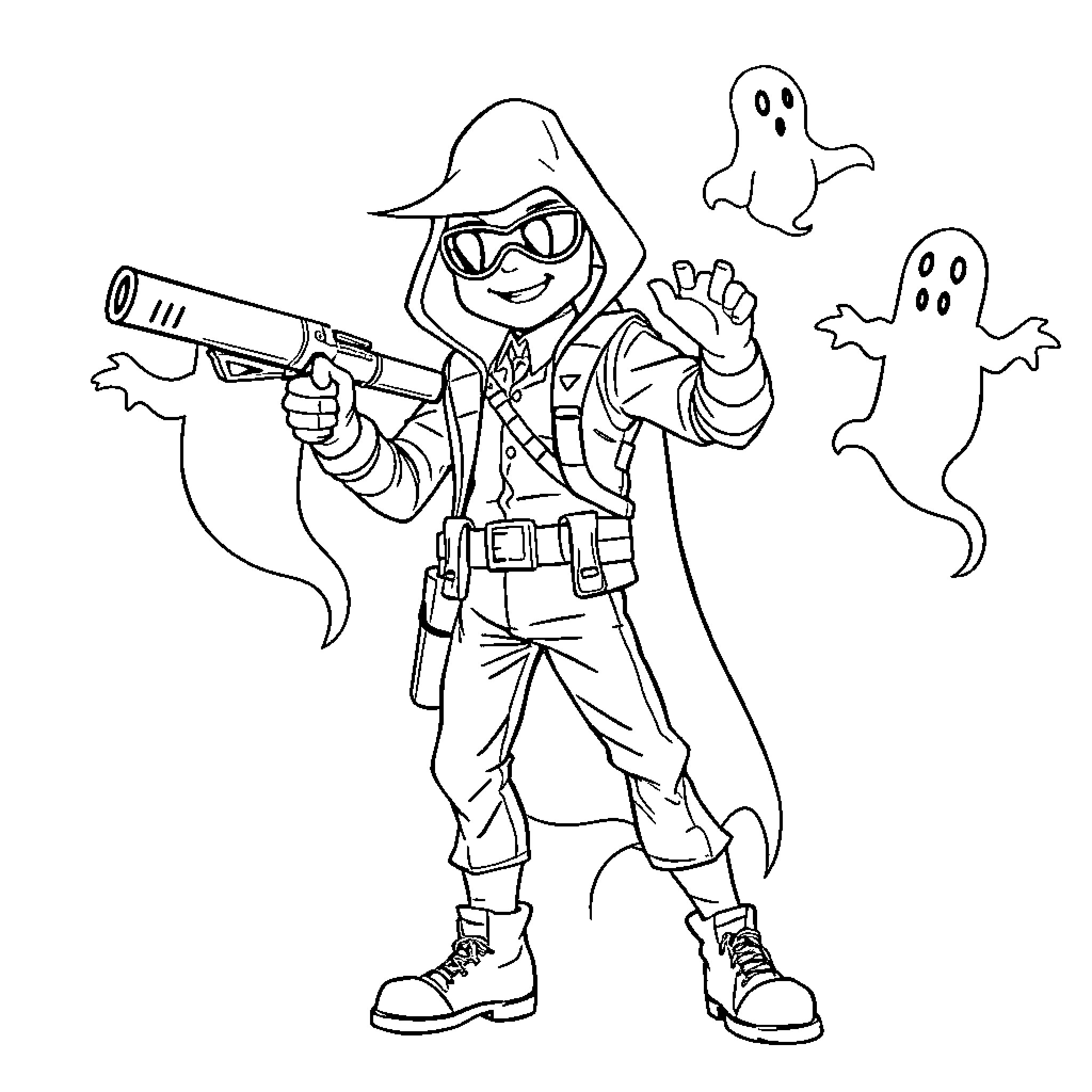 Ghost Buster hunter with ghost companions Coloring Page (free black-and-white line drawing printable PDF for all, from beginners to advanced learners, including children, teens, adults, and seniors)