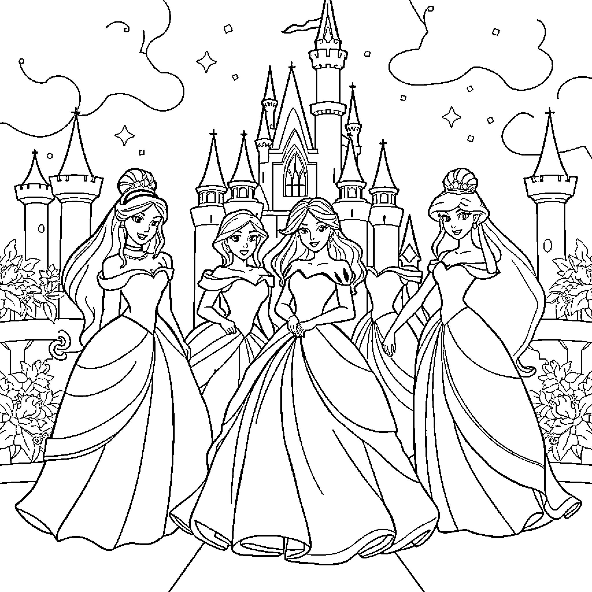 Disney Princess Elegant Gathering at the Castle Coloring Page (free black-and-white line drawing printable PDF for all, from beginners to advanced learners, including children, teens, adults, and seniors)
