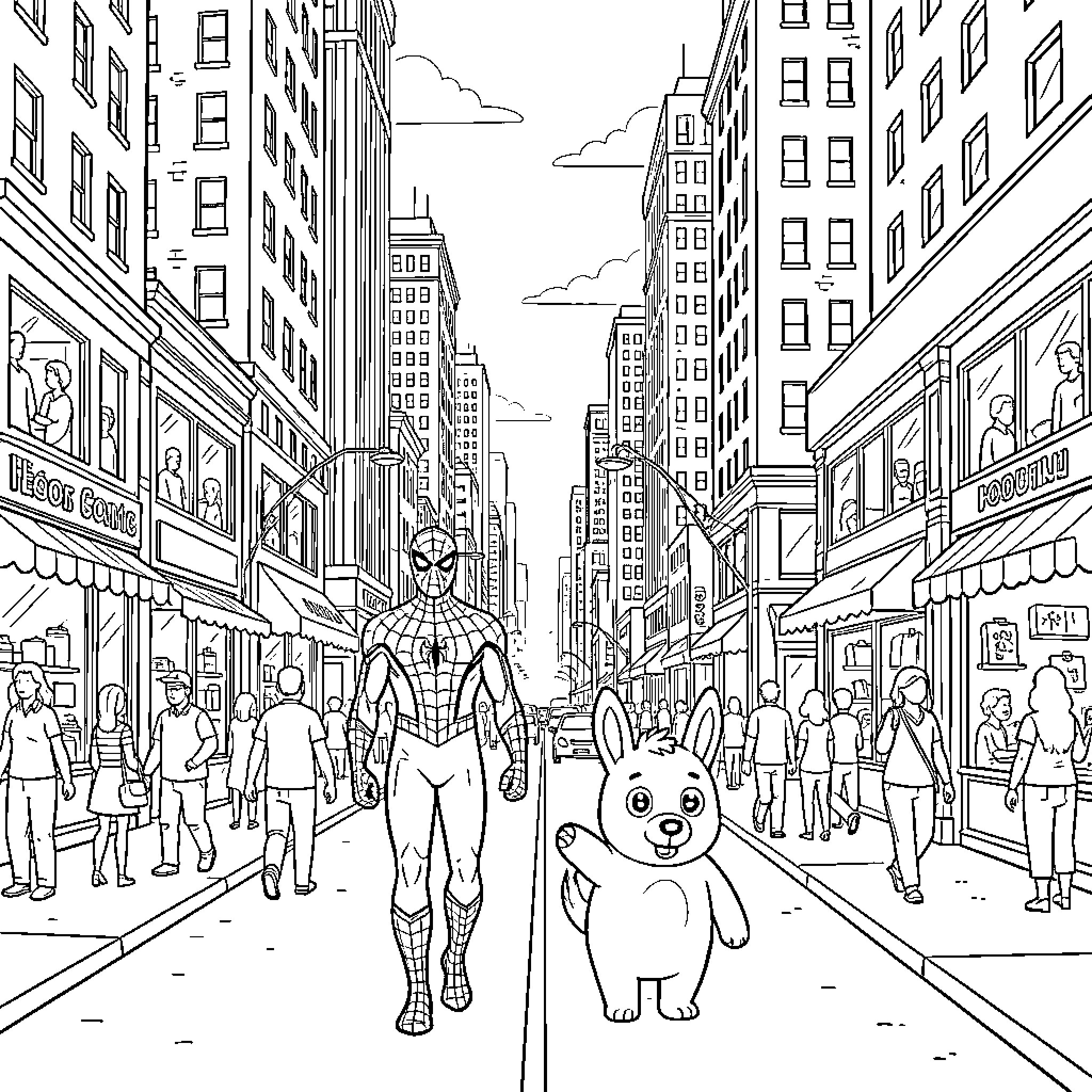 Spiderman walking through a busy city street Coloring Page (free black-and-white line drawing printable PDF for all, from beginners to advanced learners, including children, teens, adults, and seniors)