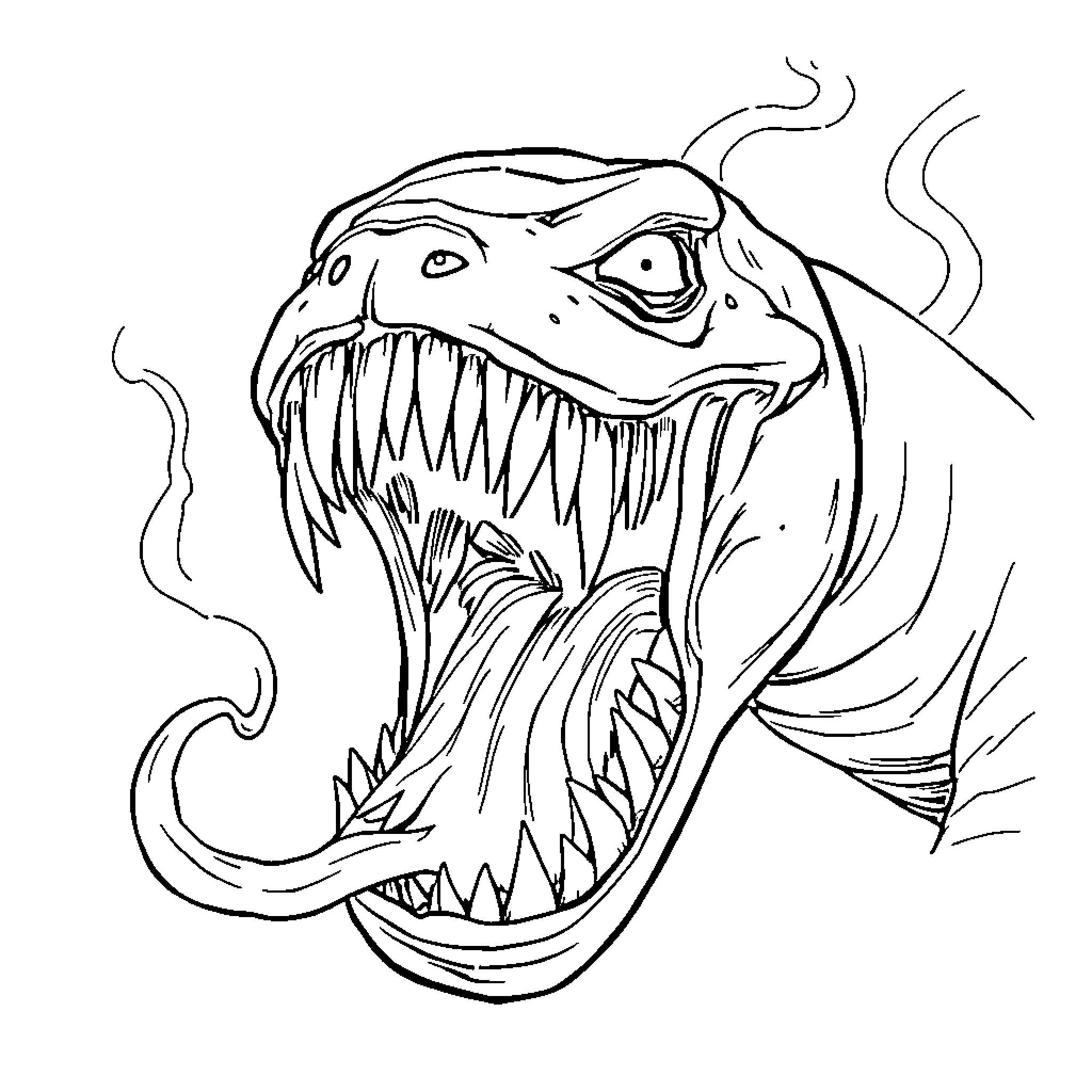 Venom creature with ferocious open jaws Coloring Page (free black-and-white line drawing printable PDF for all, from beginners to advanced learners, including children, teens, adults, and seniors)