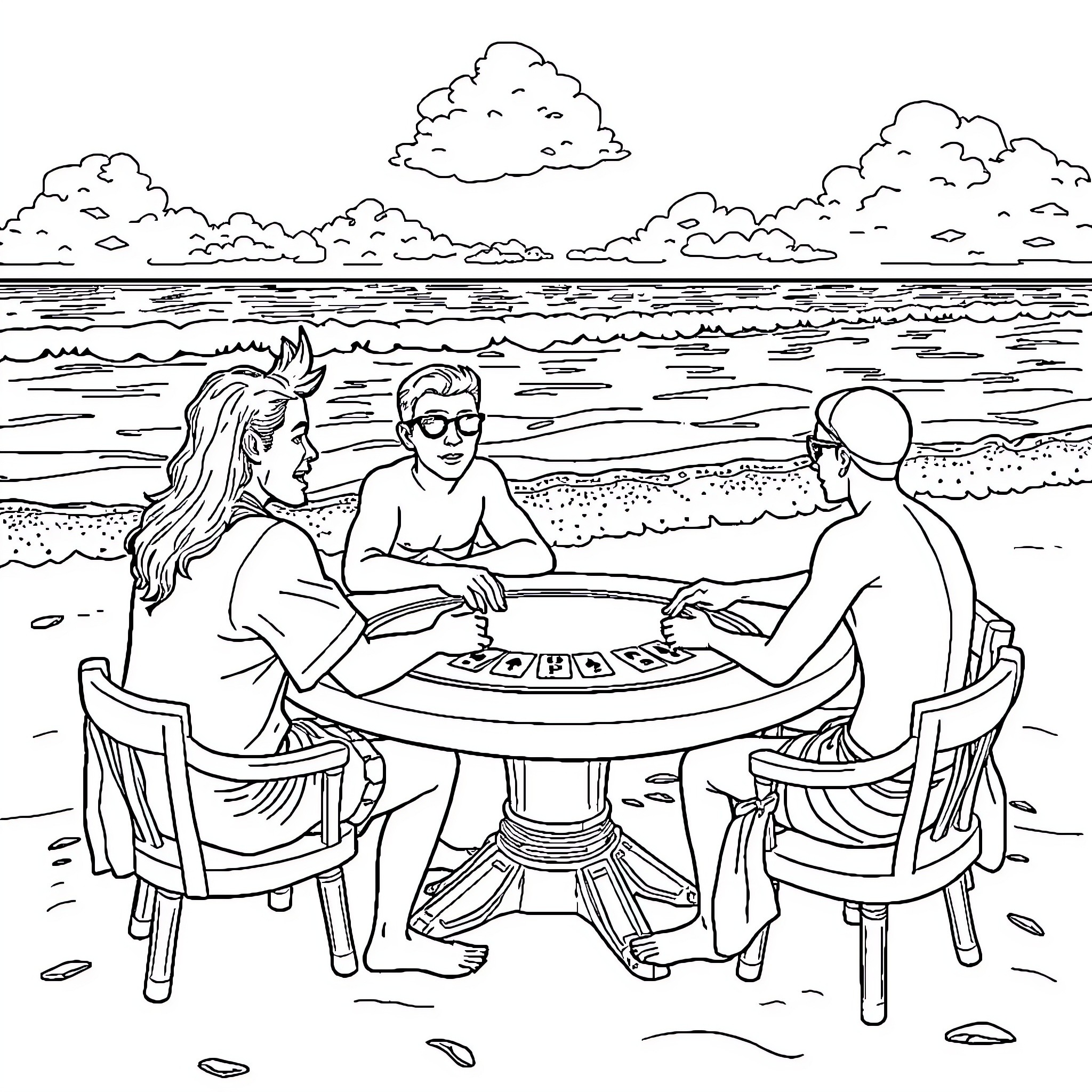Characters playing cards on the beach Coloring Page (free black-and-white line drawing printable PDF for all, from beginners to advanced learners, including children, teens, adults, and seniors)