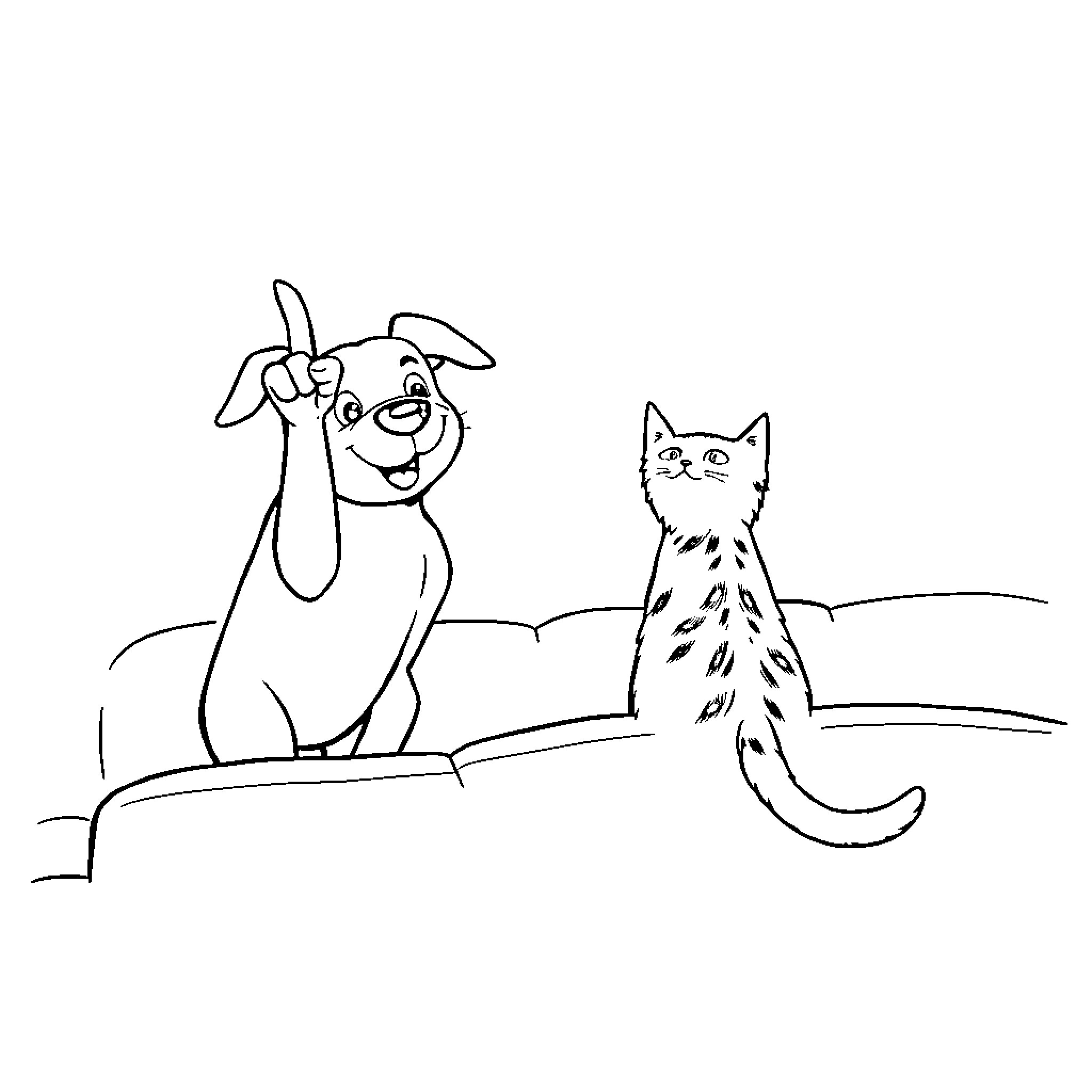 Dog and cat playing together in the field Coloring Page (free black-and-white line drawing printable PDF for all, from beginners to advanced learners, including children, teens, adults, and seniors)