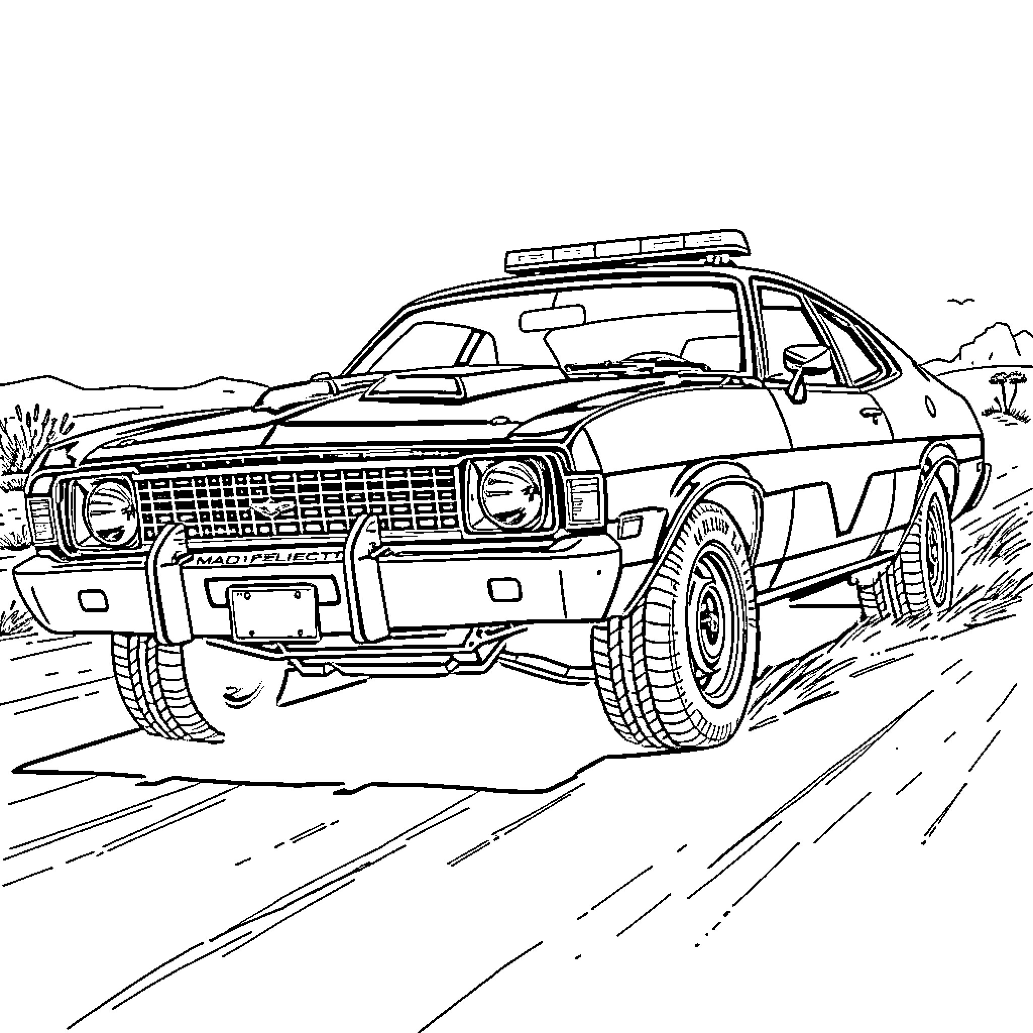 Ford Falcon police car chasing on the road Coloring Page (free black-and-white line drawing printable PDF for all, from beginners to advanced learners, including children, teens, adults, and seniors)