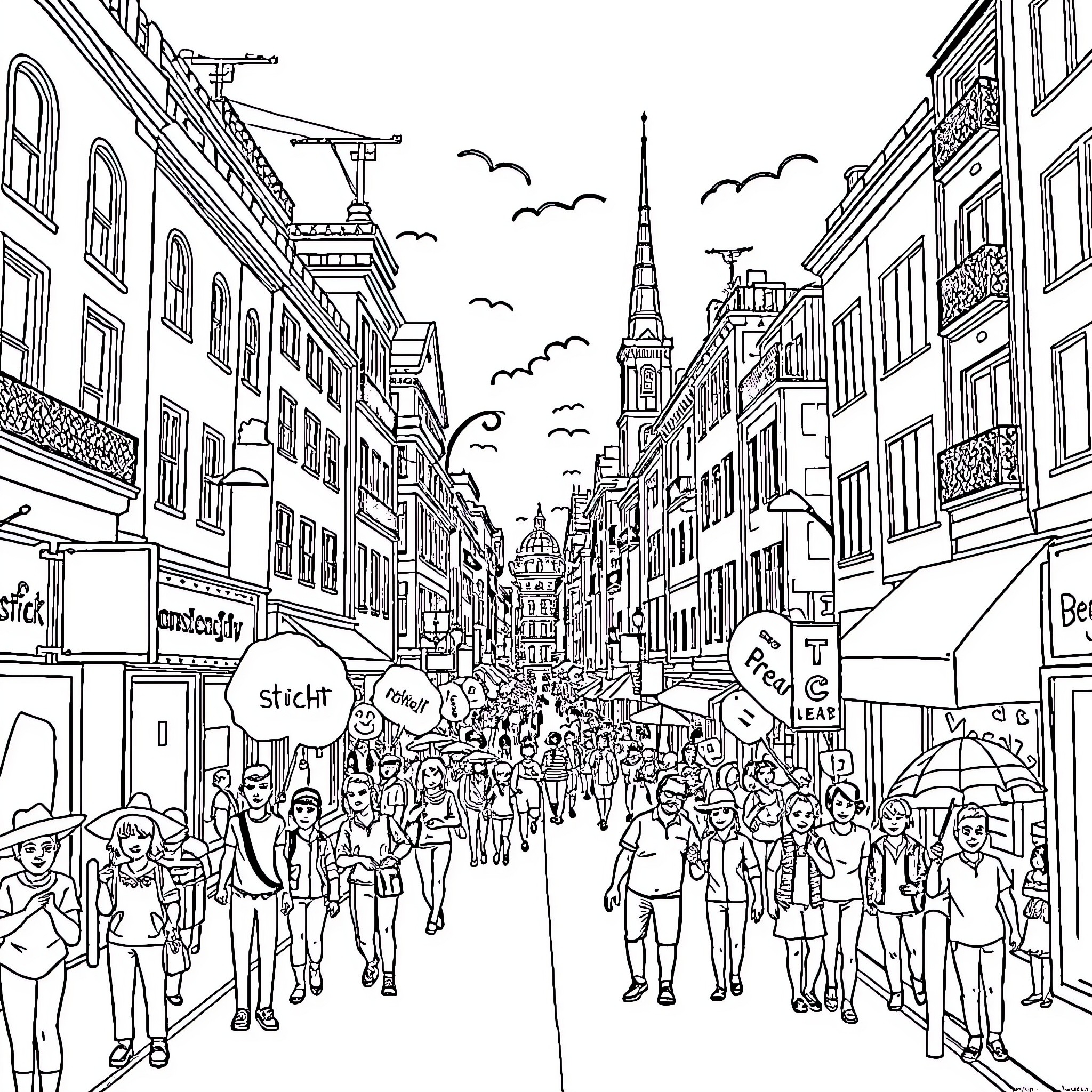 STICHT: Bustling City Street Scene with Eiffel Tower Coloring Page (free black-and-white line drawing printable PDF for all, from beginners to advanced learners, including children, teens, adults, and seniors)