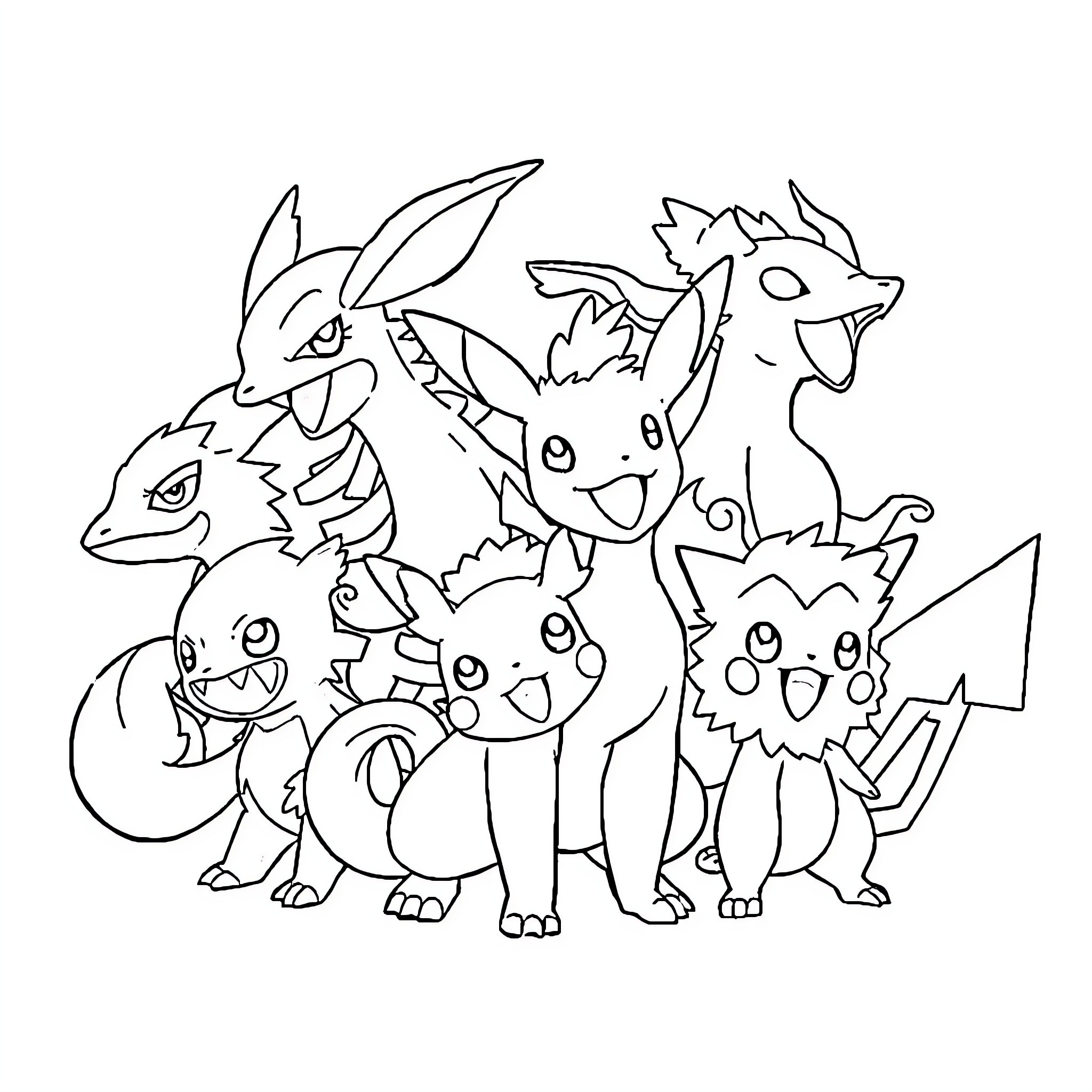 Pokémon characters gathered together Coloring Page (free black-and-white line drawing printable PDF for all, from beginners to advanced learners, including children, teens, adults, and seniors)