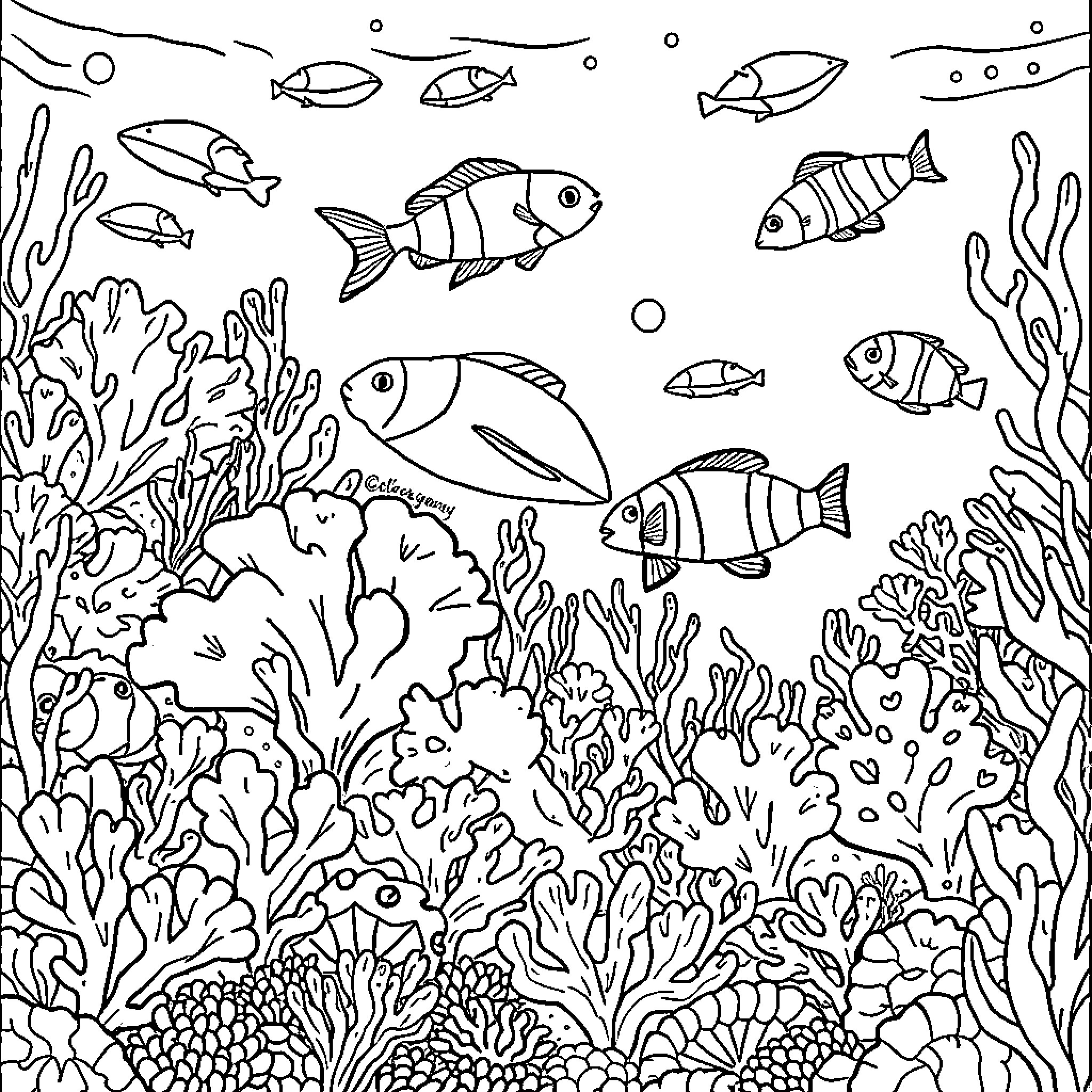 Ocean Animal Gathering in a Vibrant Underwater Scene Coloring Page (free black-and-white line drawing printable PDF for all, from beginners to advanced learners, including children, teens, adults, and seniors)