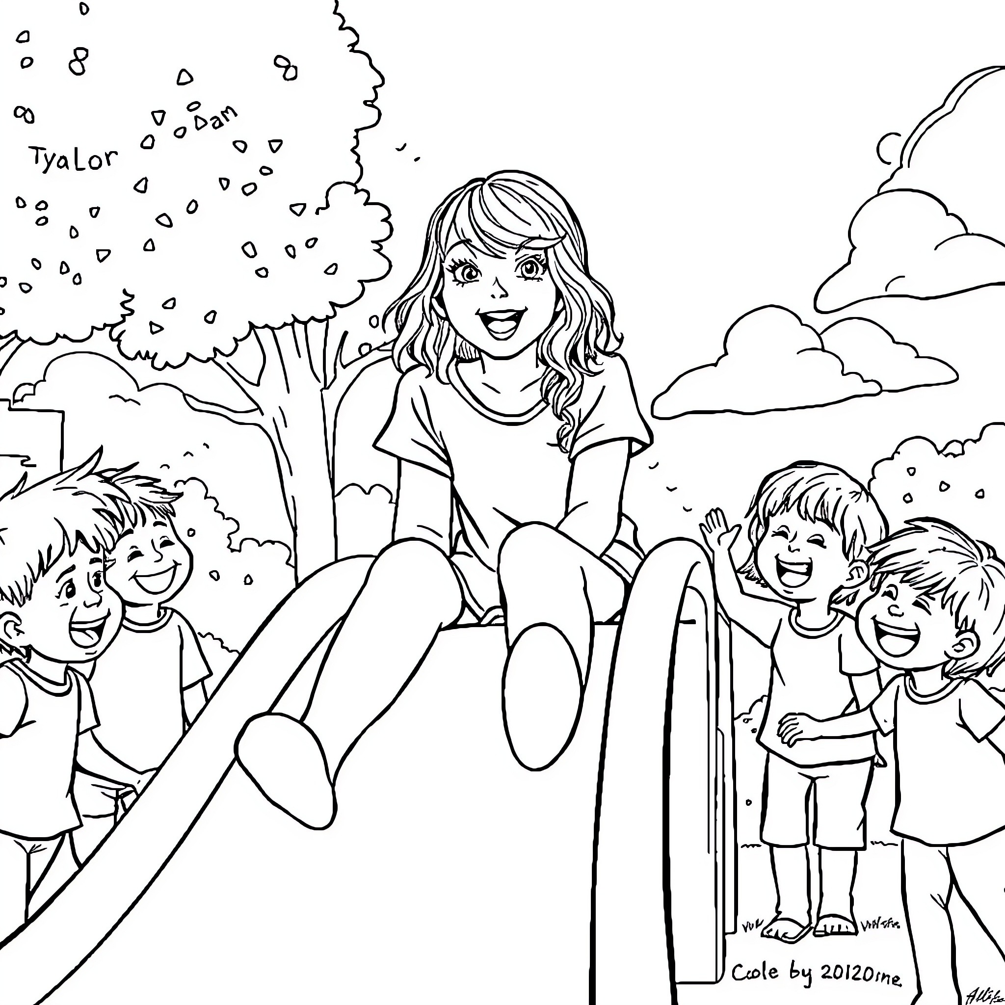 Taylor Swift playing with children on a slide in the park Coloring Page (free black-and-white line drawing printable PDF for all, from beginners to advanced learners, including children, teens, adults, and seniors)
