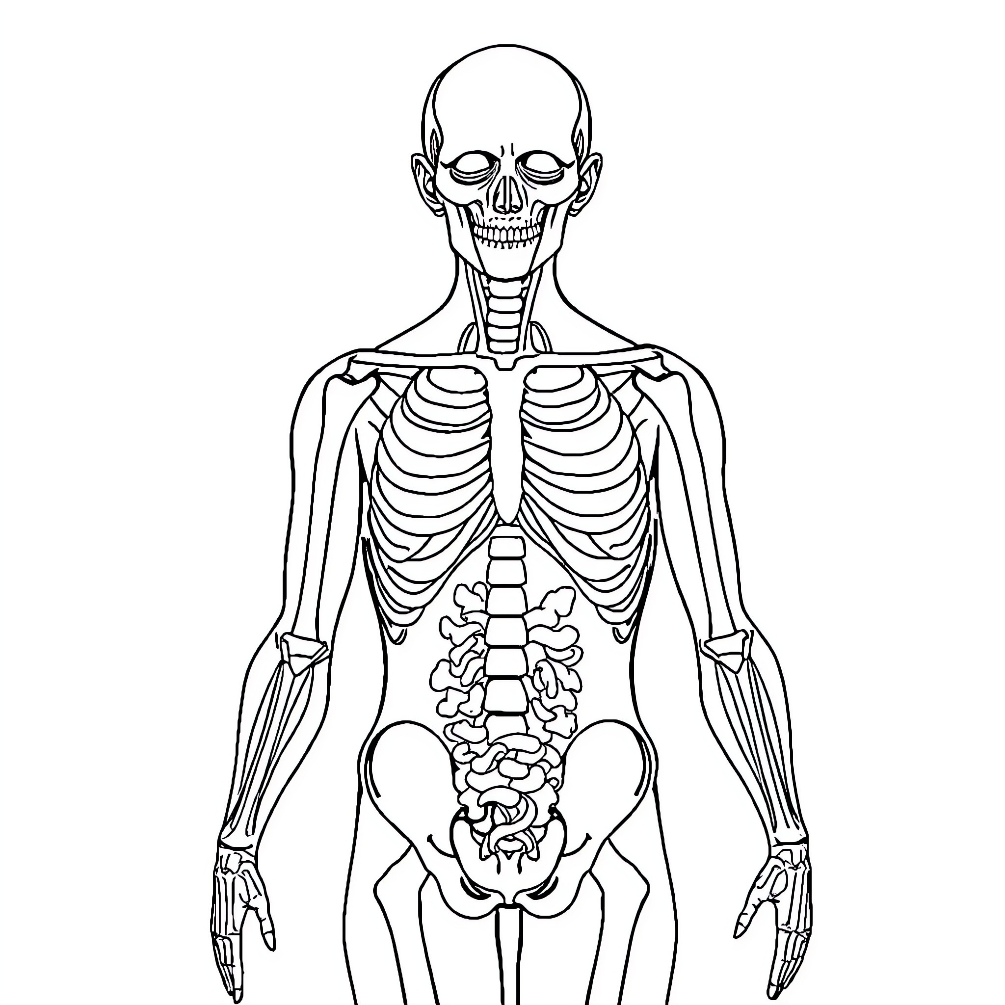 Human Anatomy: Skeletal Structure Outline Coloring Page (free black-and-white line drawing printable PDF for all, from beginners to advanced learners, including children, teens, adults, and seniors)