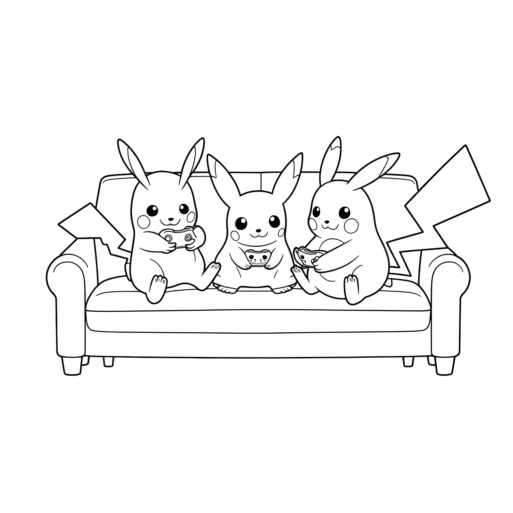 Pokémon friends sitting on the couch Coloring Page (free black-and-white line drawing printable PDF for all, from beginners to advanced learners, including children, teens, adults, and seniors)